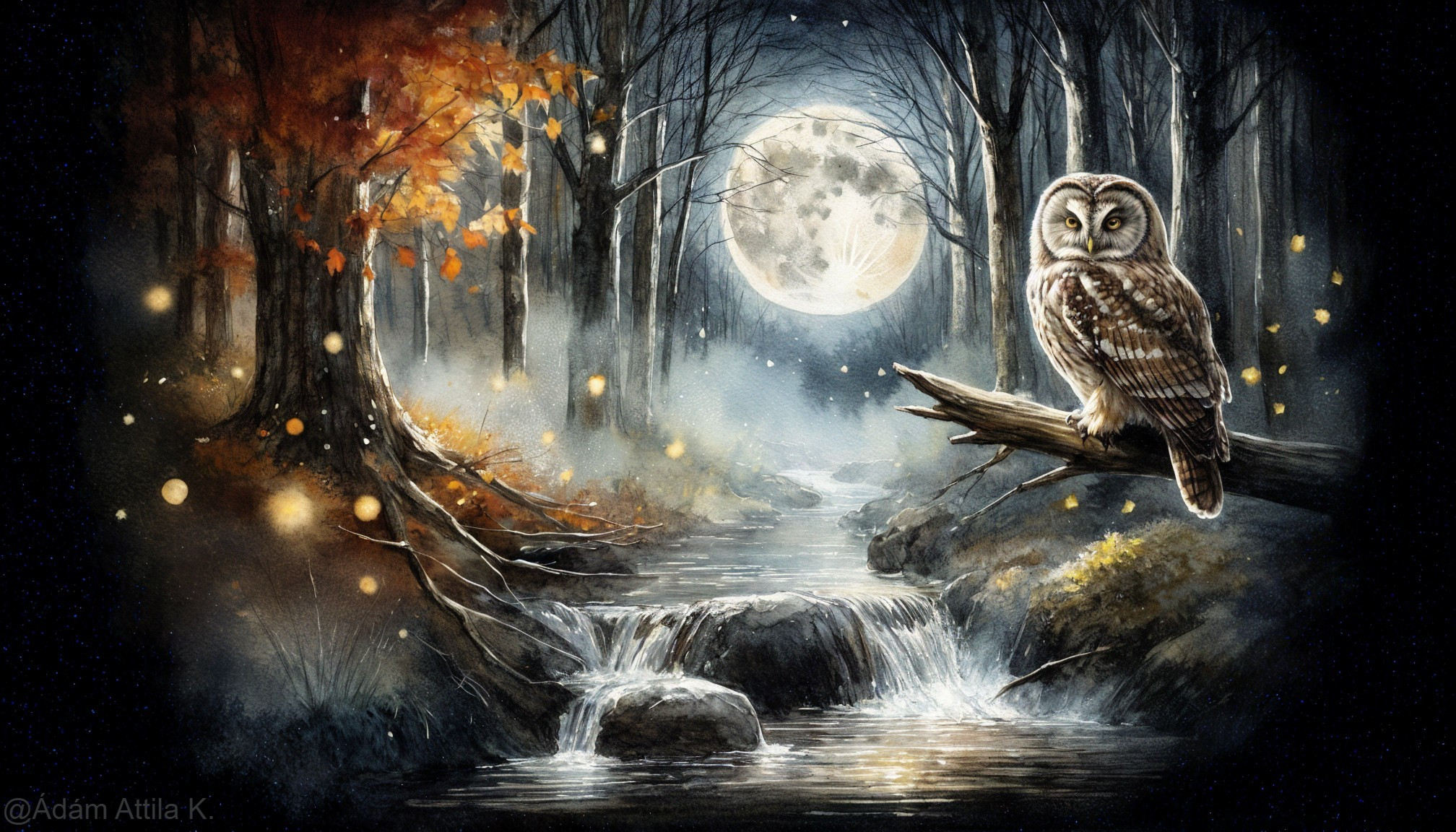 Majestic Owl Overlooking Moonlit Stream and Forest