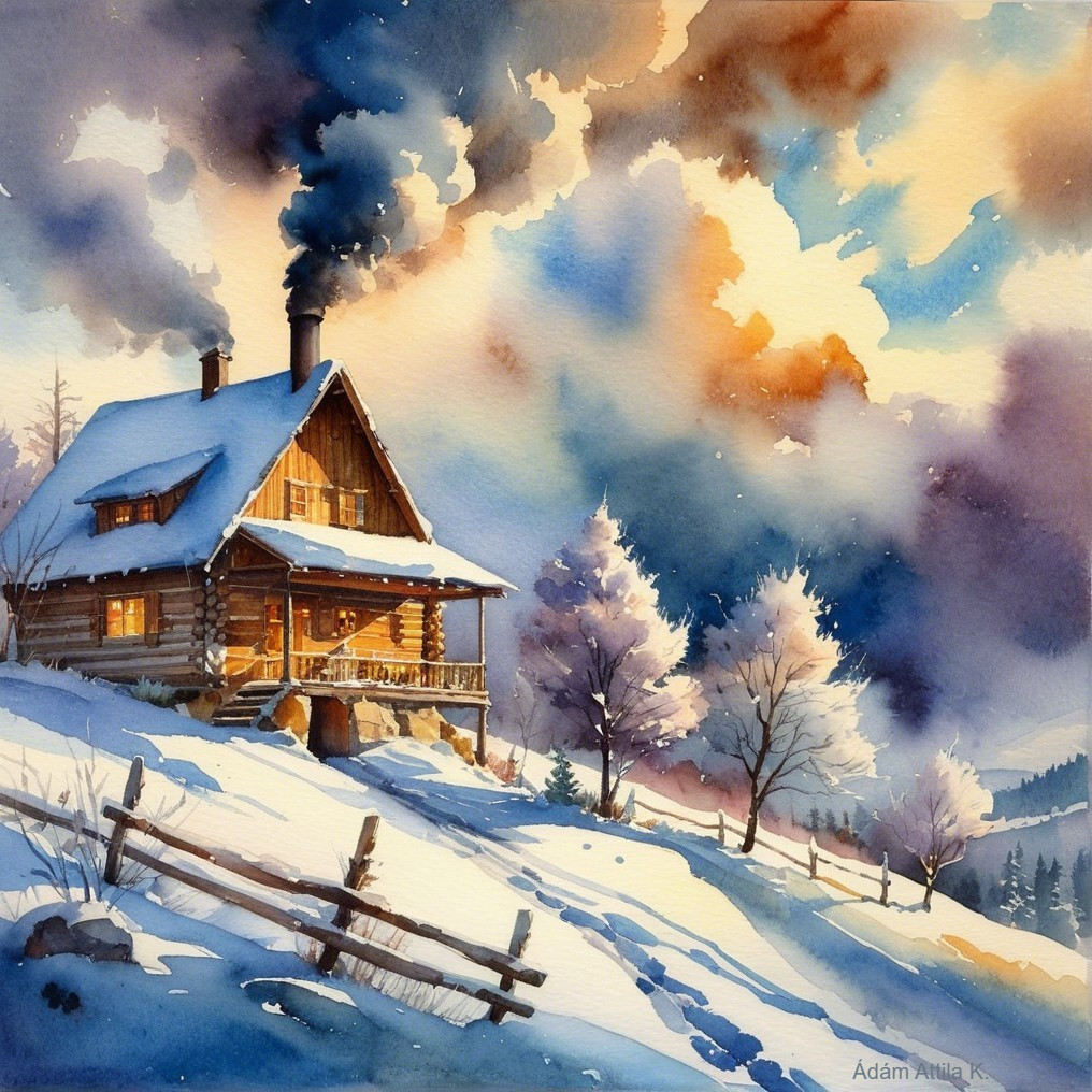 Wooden cabin in snowy landscape at sunset
