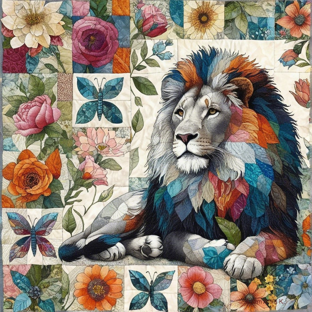 Vibrant quilt design with lion and floral motifs