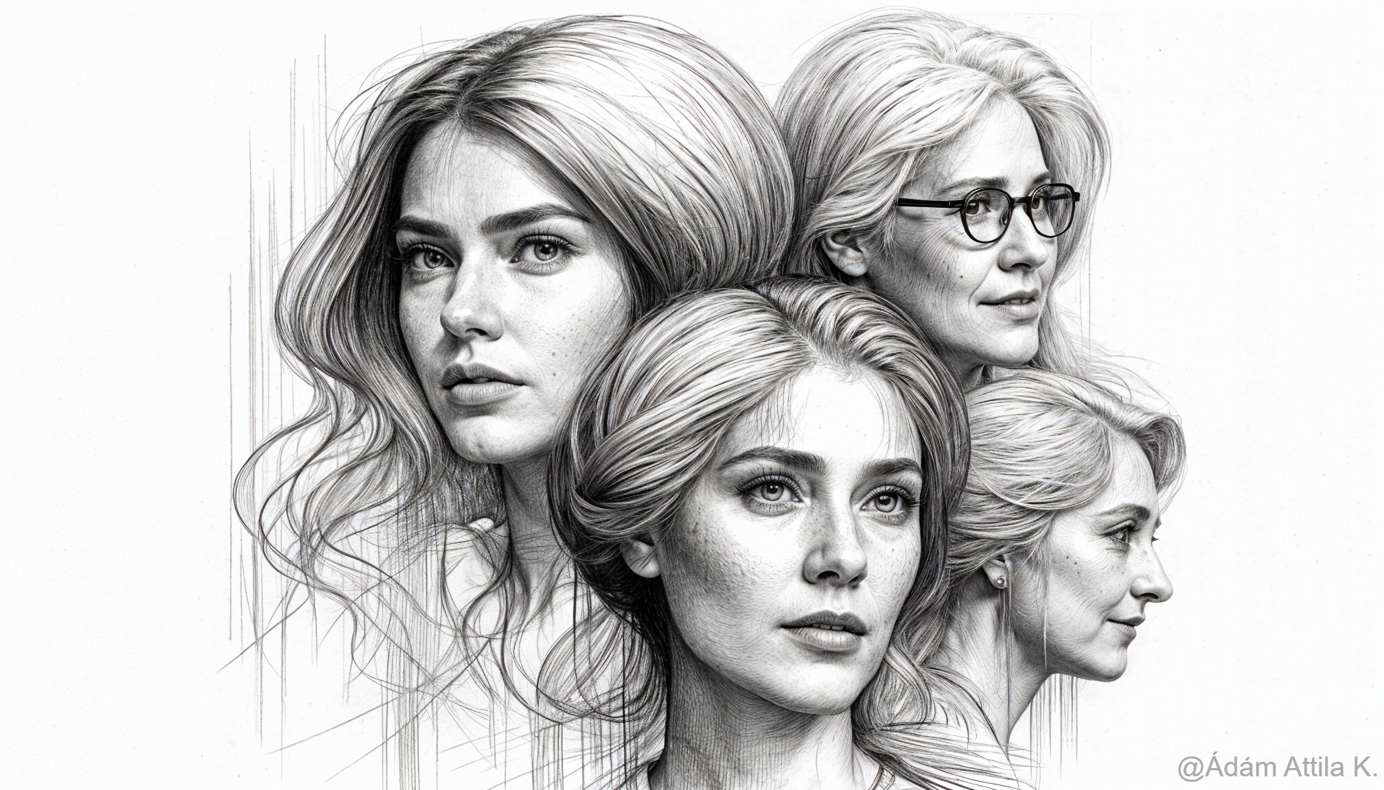 Pencil Drawing of Four Female Faces Across Ages