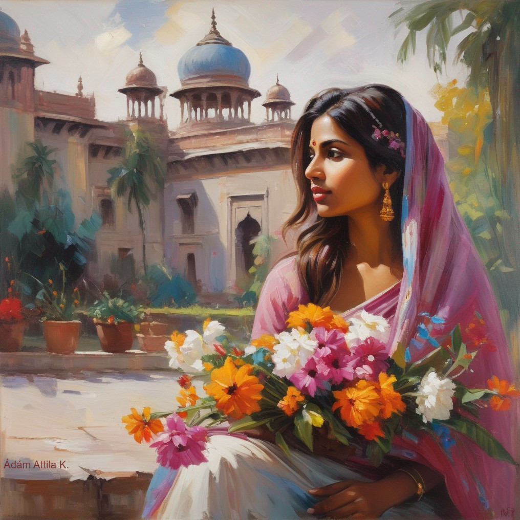 Young Woman in Sari Surrounded by Lush Courtyard