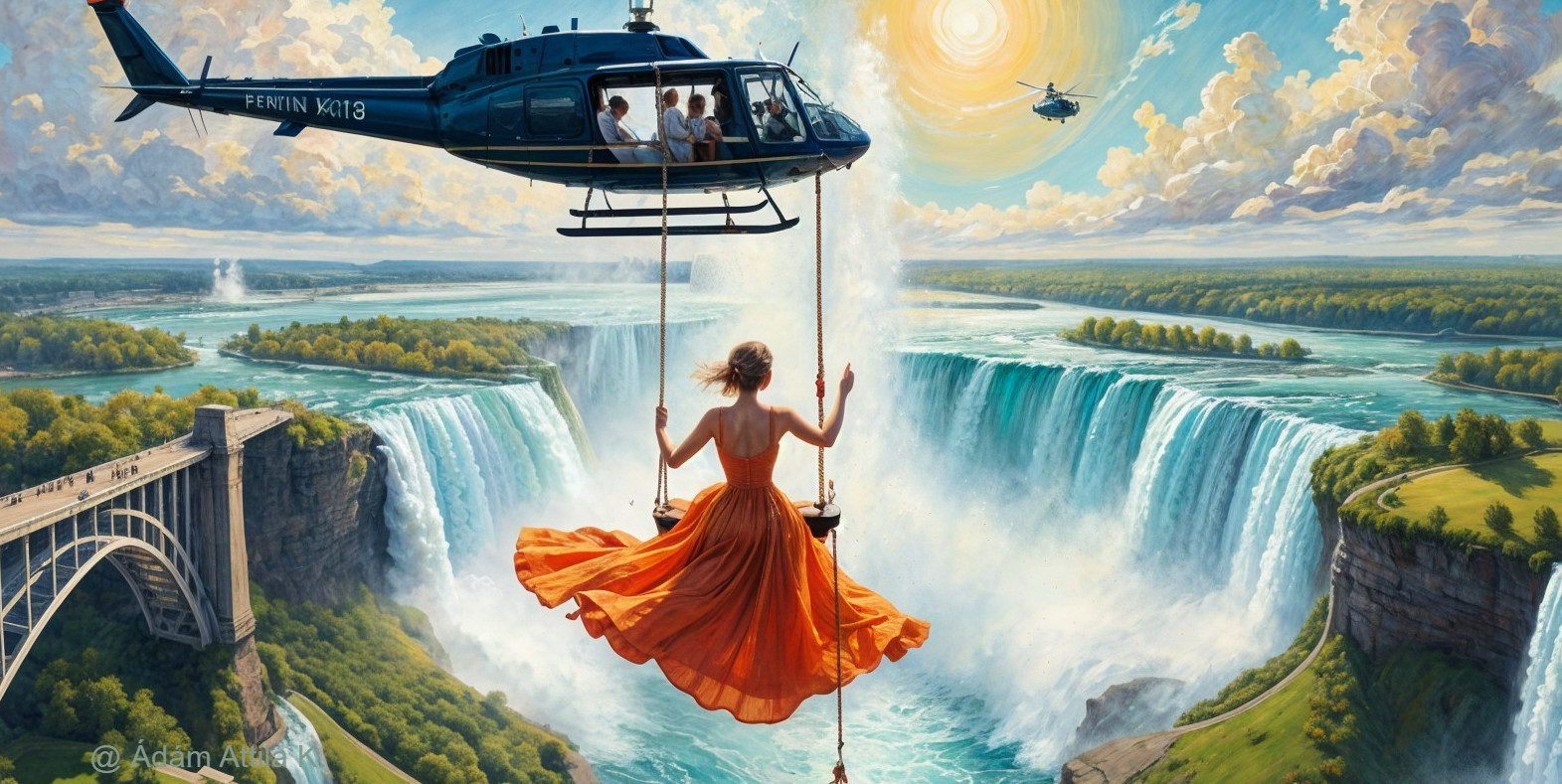 Woman in Orange Dress Over Niagara Falls Scene
