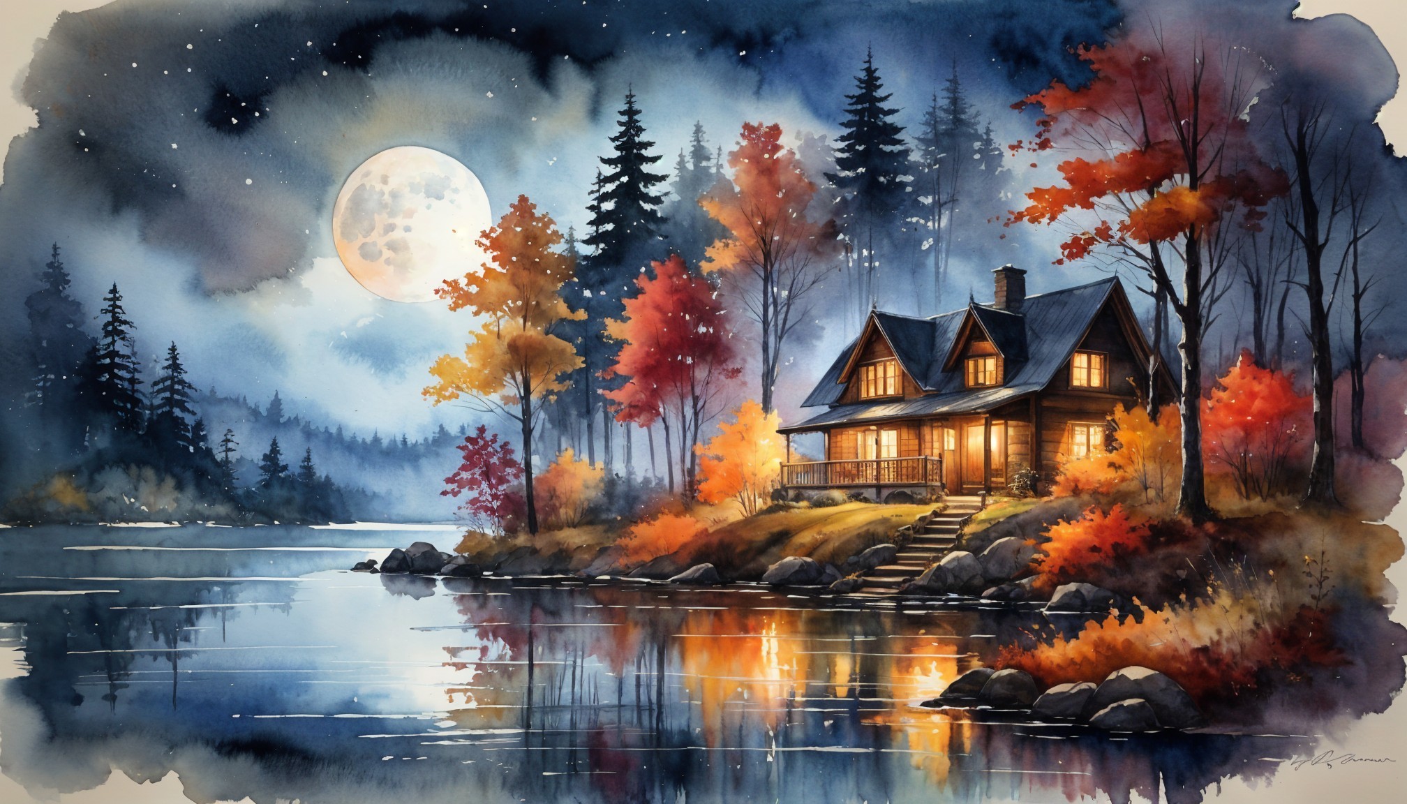 Autumn Landscape with Cottage by Tranquil Lake