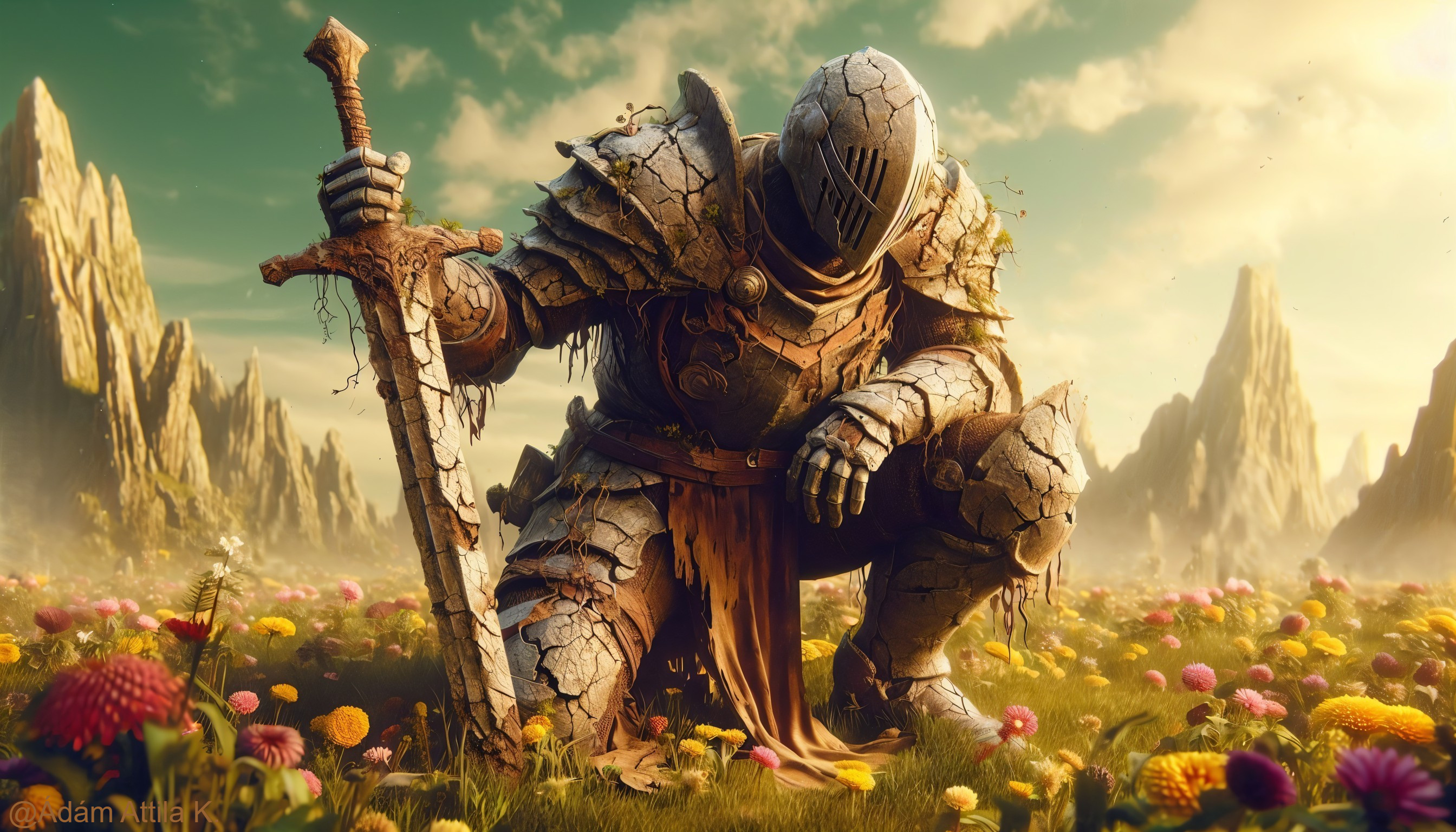 Knight in Cracked Armor in Flower Field Landscape