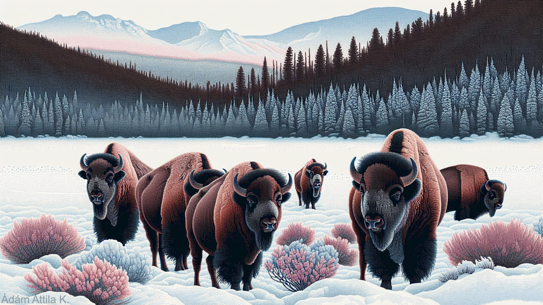 Winter Landscape with Bison in Snowy Field