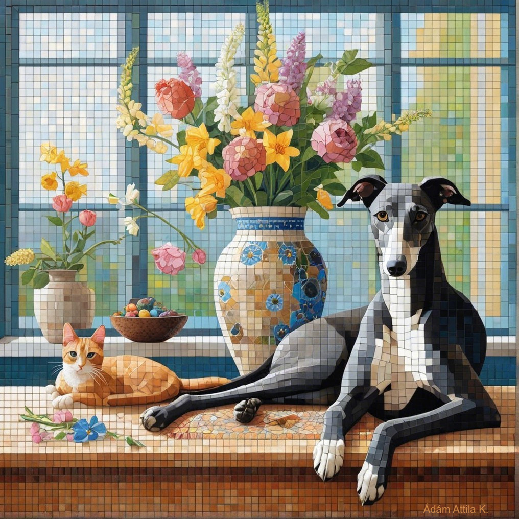 Serene Interior with Greyhound, Cat, and Bright Flowers
