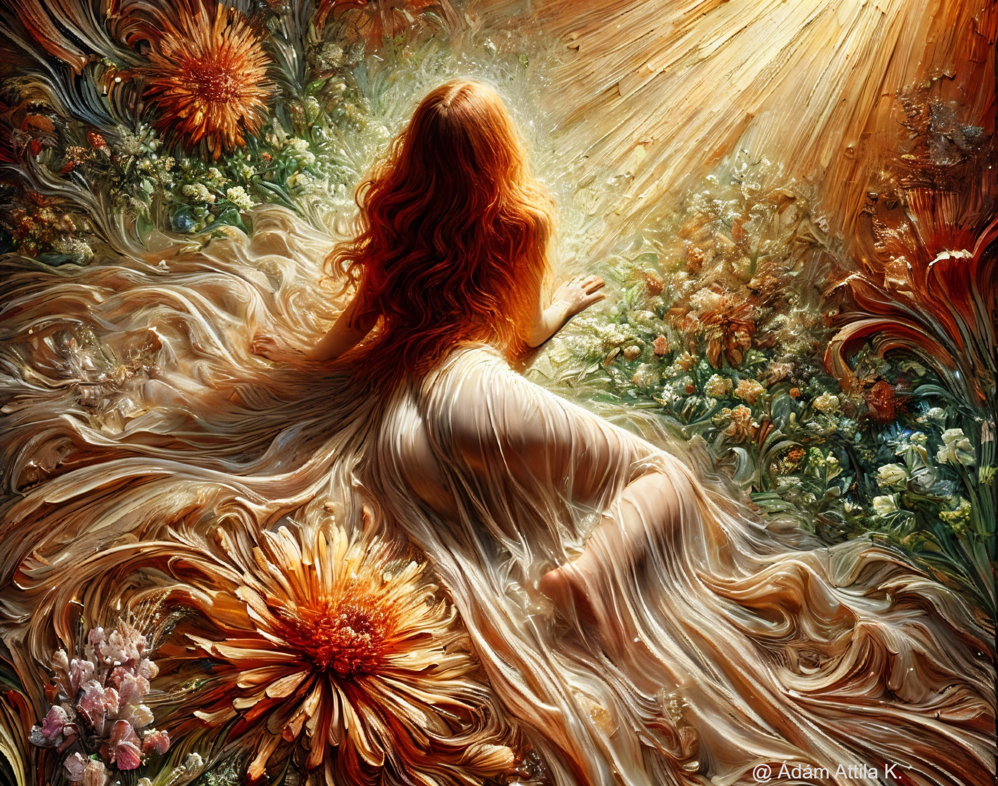 Mystical Figure in Vibrant Flower Garden Setting