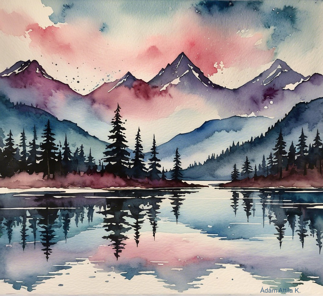 Watercolor Landscape of Mountains and Calm Lake