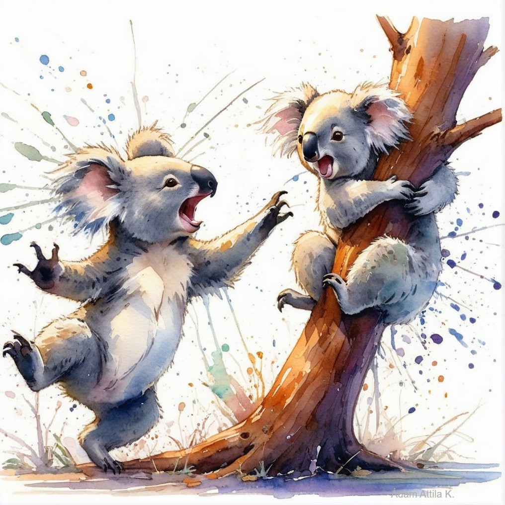 Playful Koalas in Vibrant Watercolor Scene