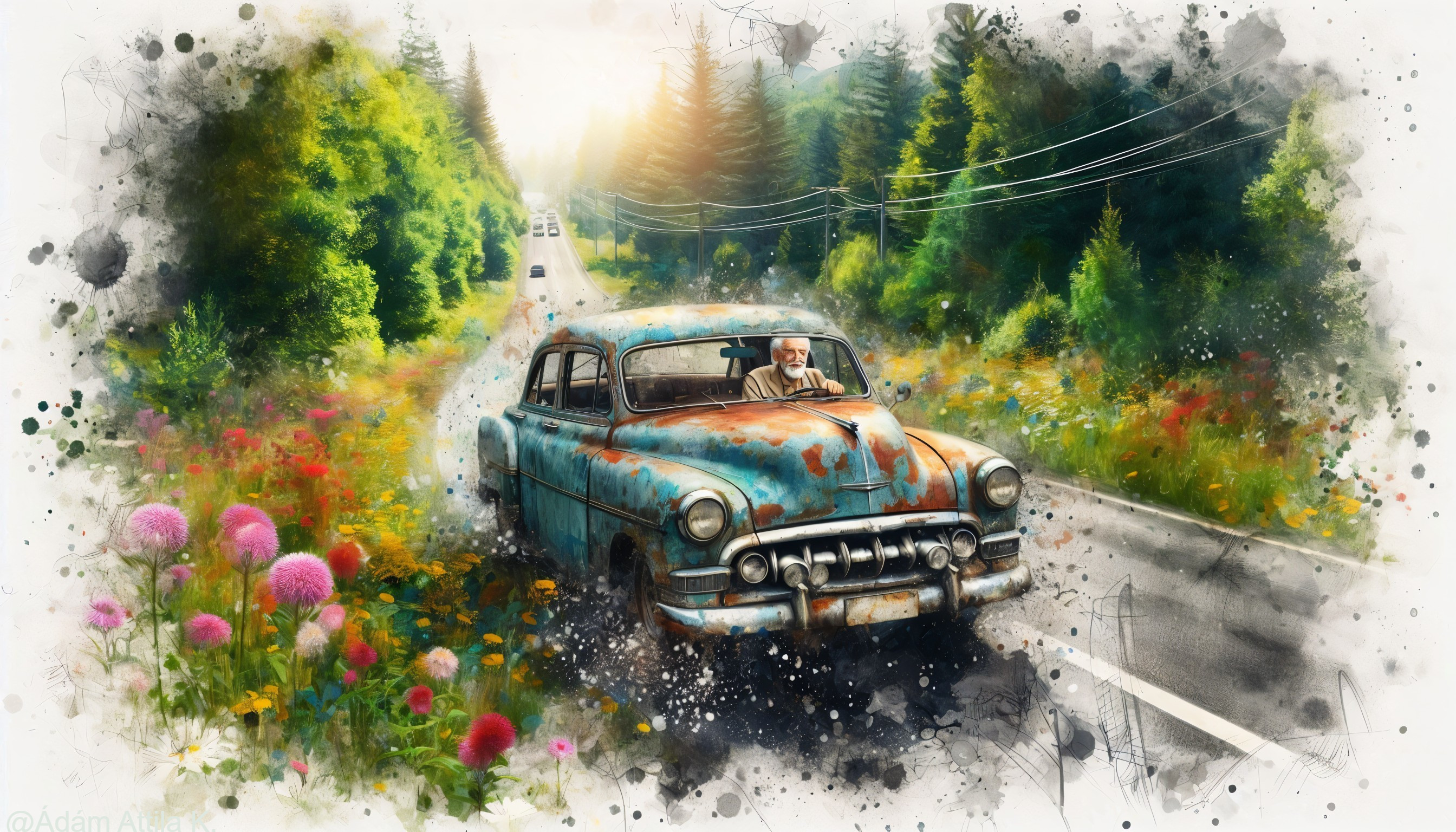Old man driving an old car