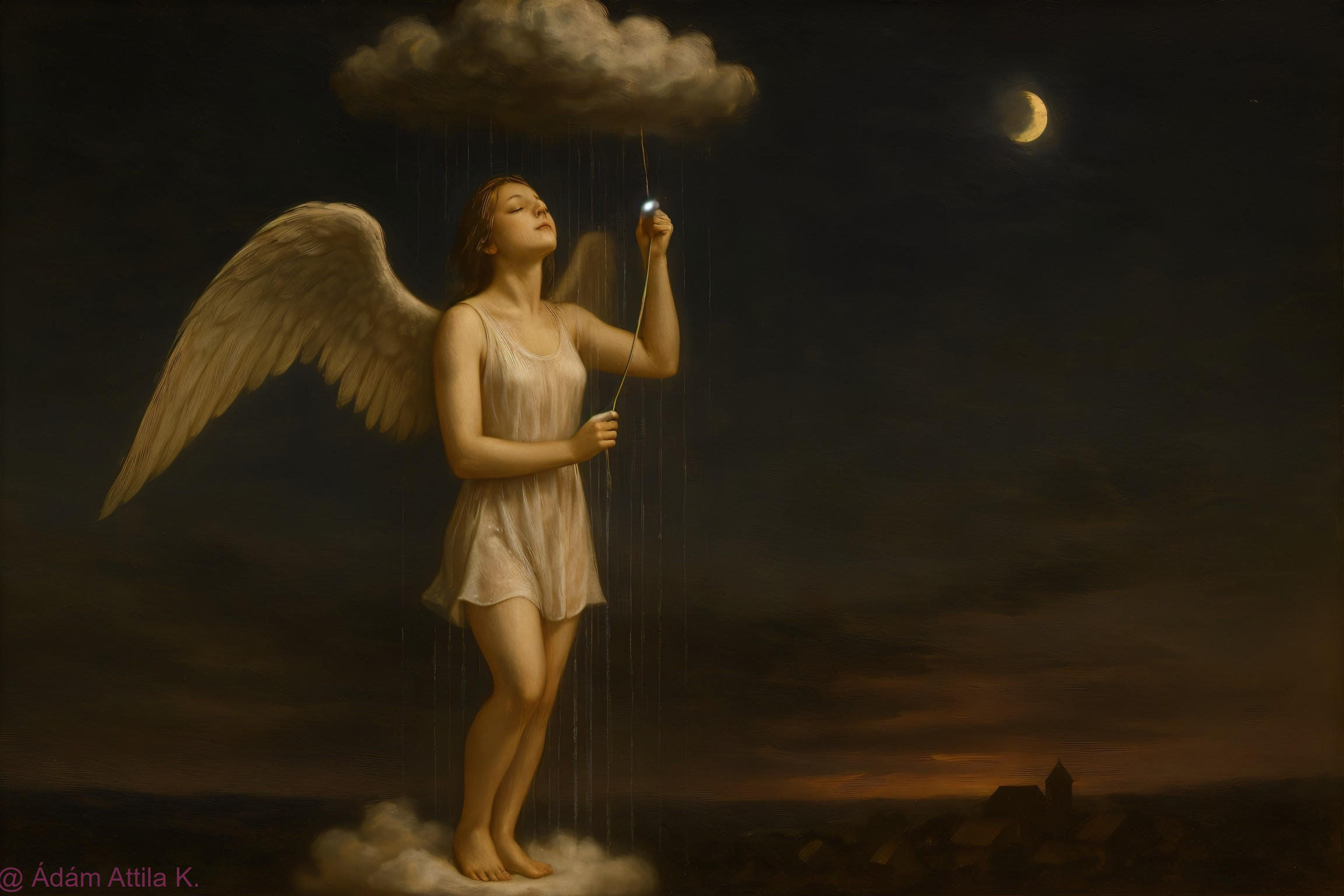 Serene figure with wings holding glowing orb on cloud