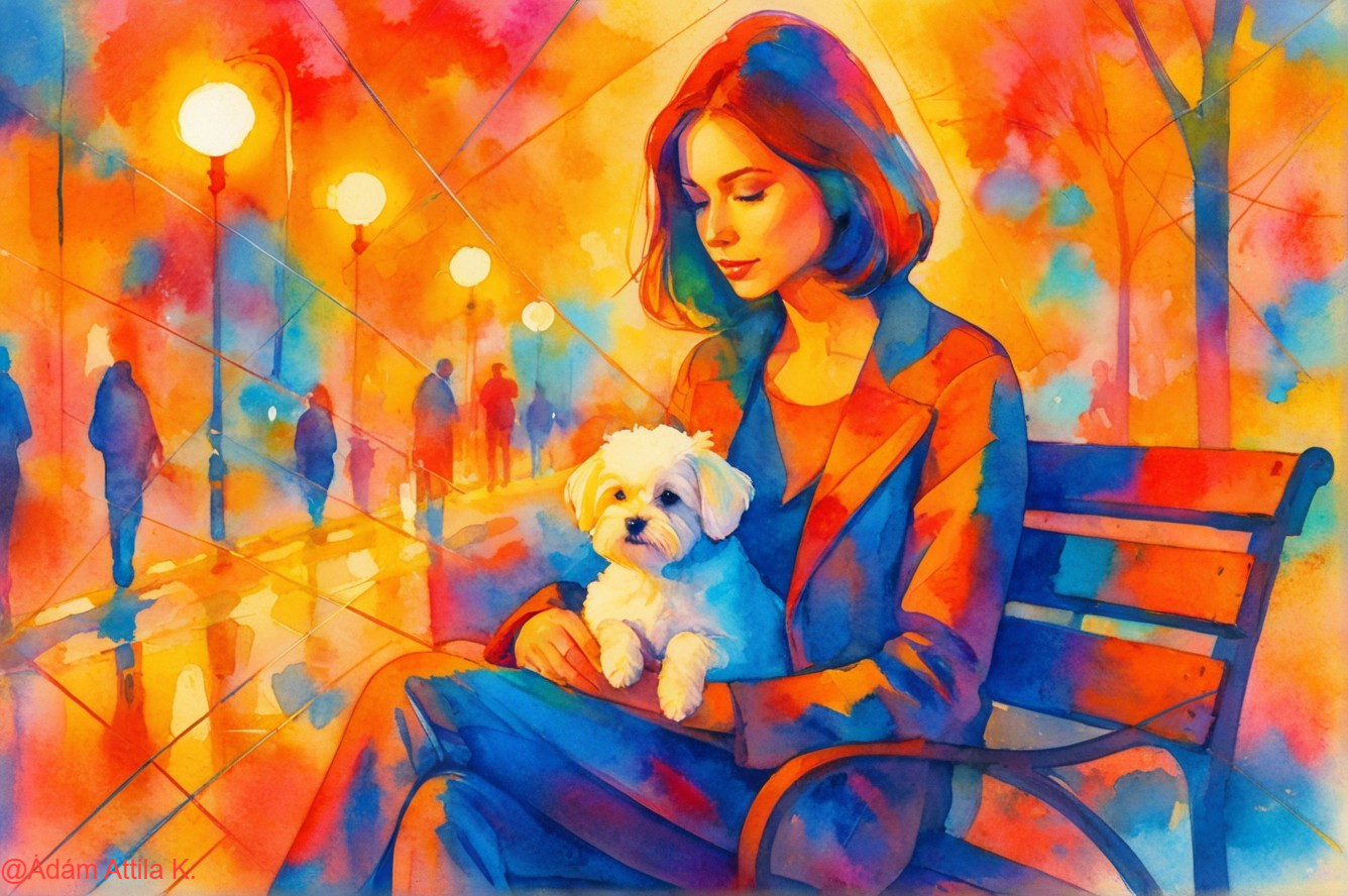 Watercolor Painting of Woman with Dog on Park Bench
