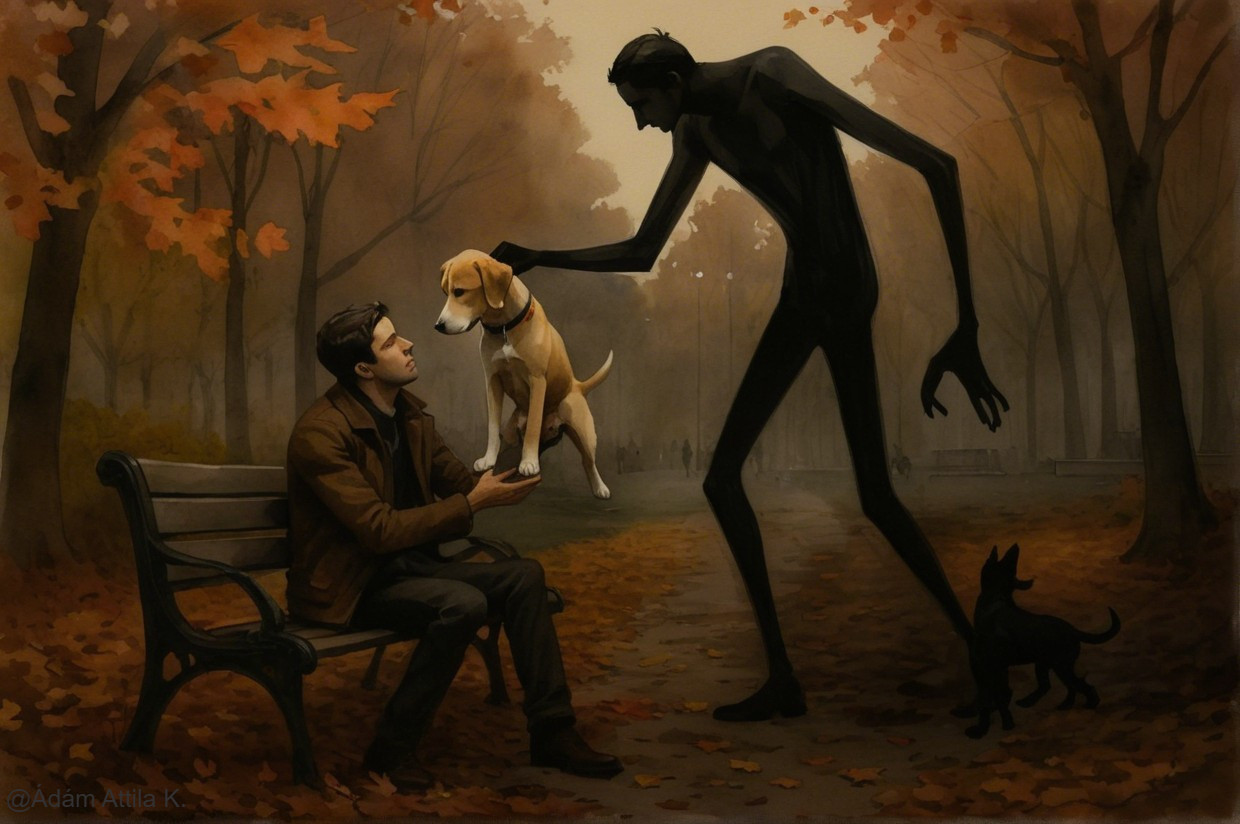 Autumn Park Scene with Man, Dog, and Shadowy Figure