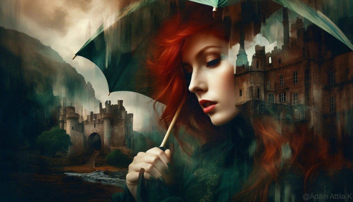 Serene Woman with Red Hair Under Green Umbrella