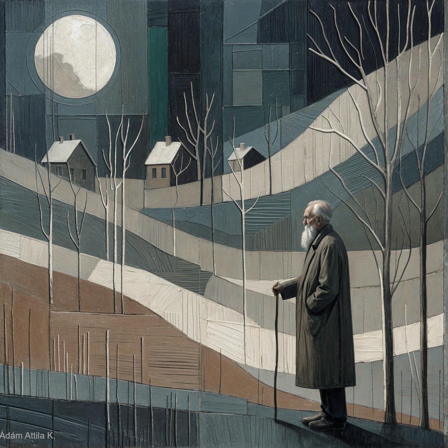 Elderly Man Contemplating a Full Moon on a Hillside