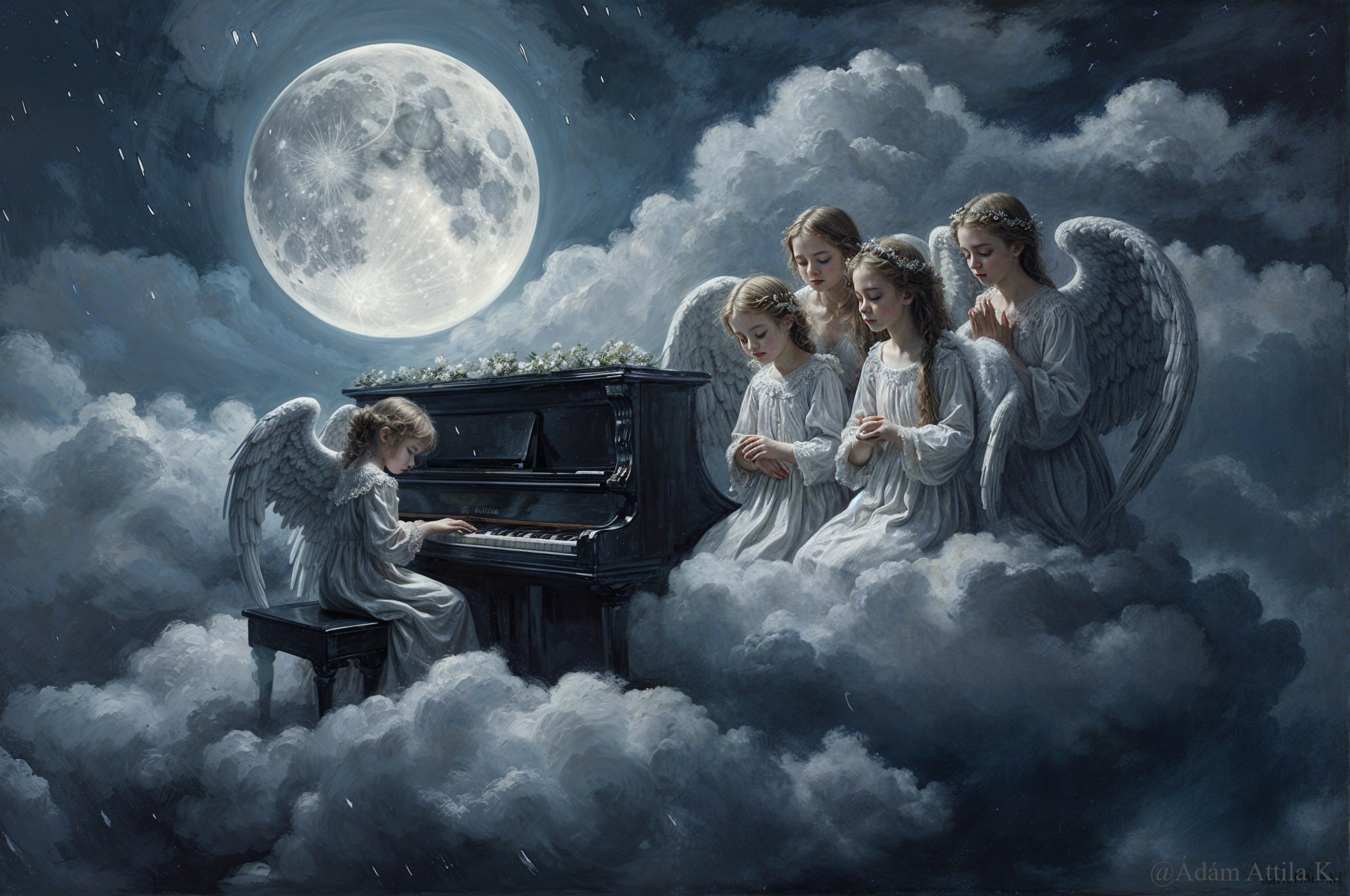 Angels Playing Piano in a Moonlit Cloud Scene
