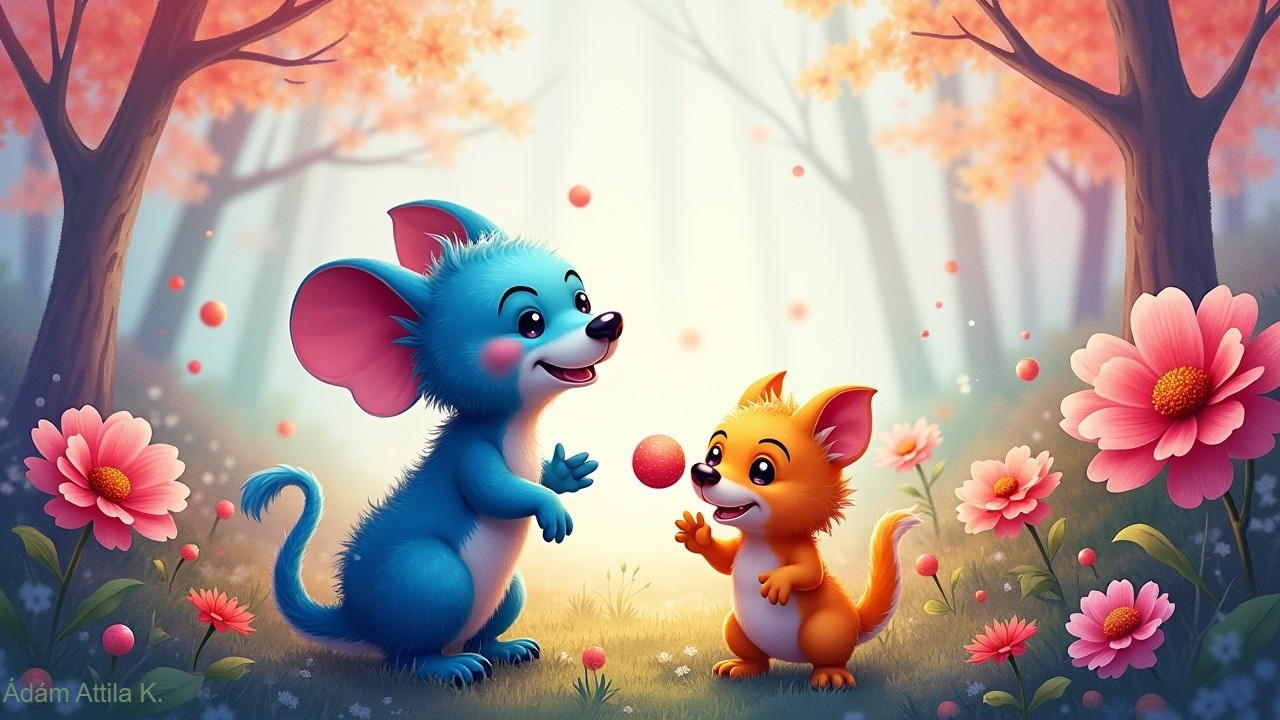 Whimsical Forest Scene with Playful Blue Mouse and Kitten