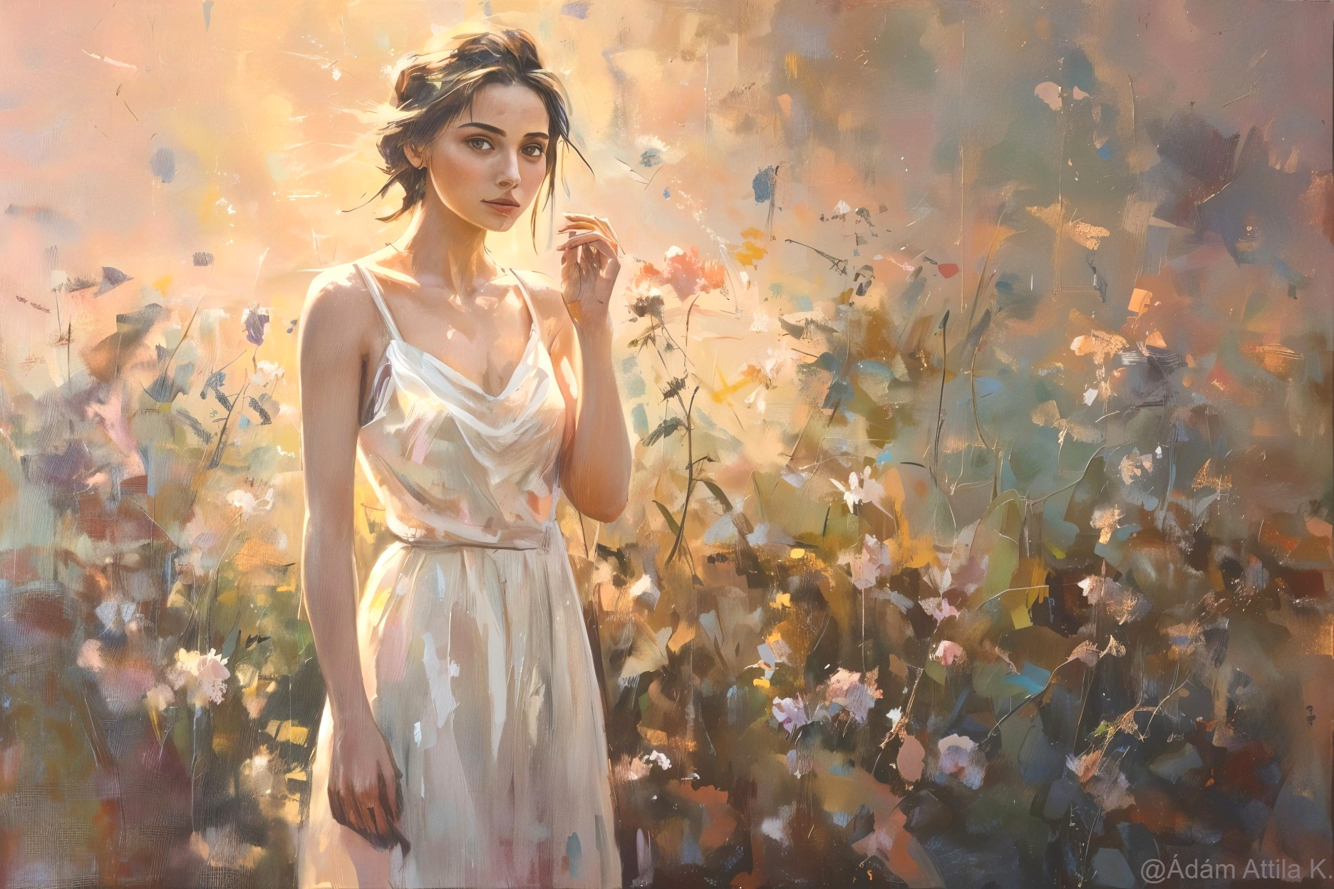 Young woman in white dress in a flower field