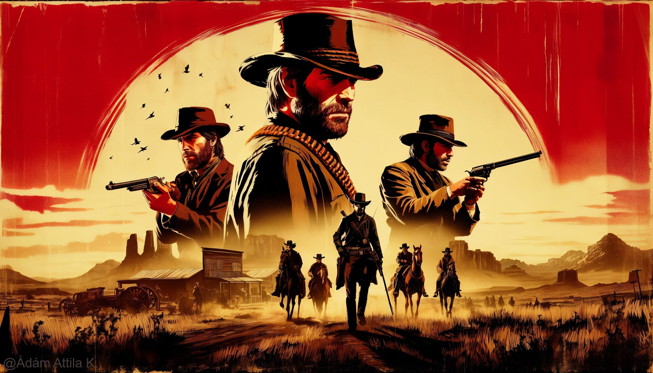 Dramatic Western Scene with Cowboys at Sunset