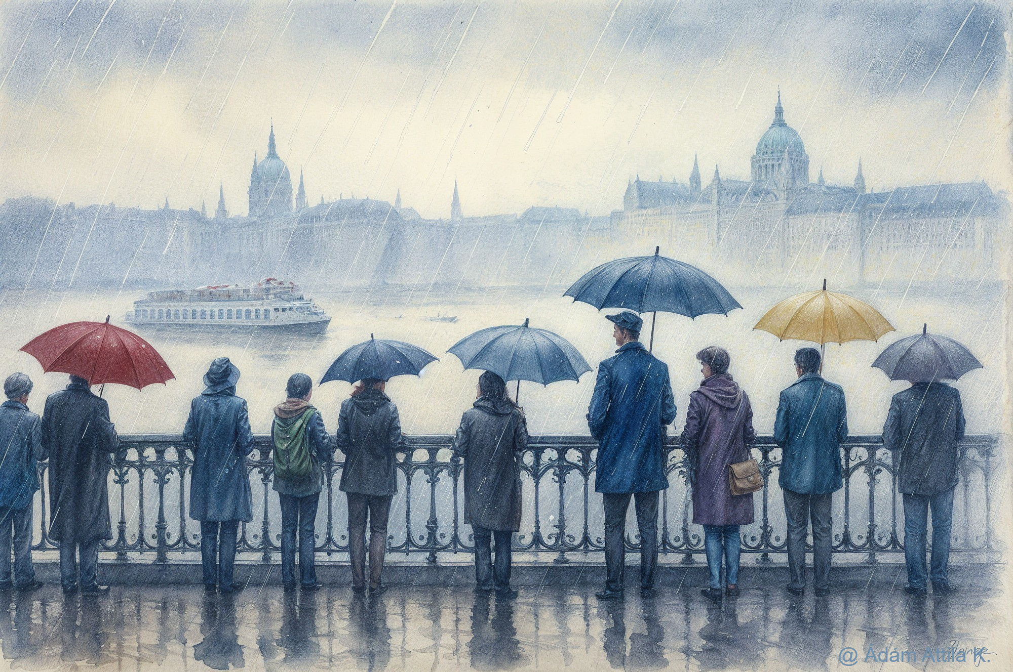 Rainy Riverside Scene with People Under Umbrellas