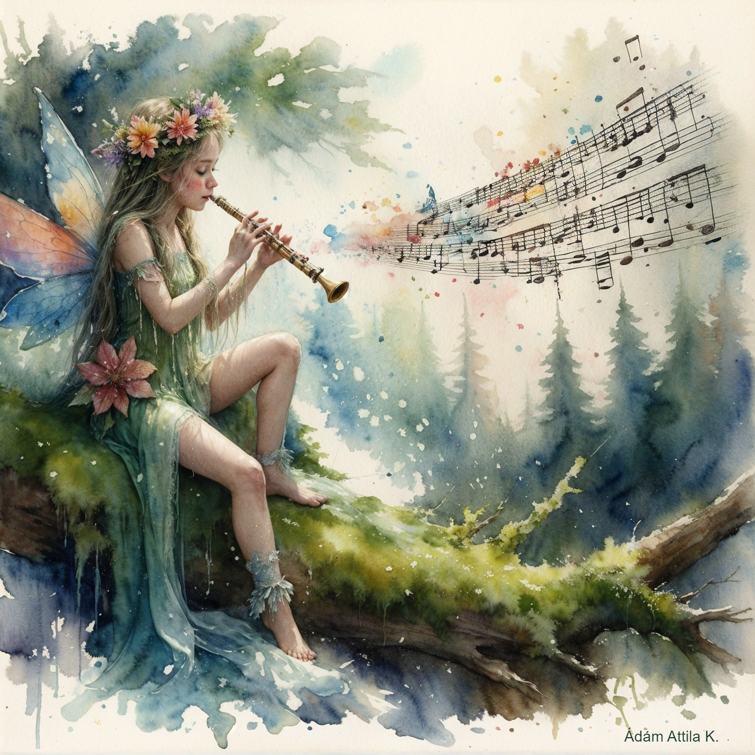 Whimsical Fairy Playing Flute in Lush Forest Setting