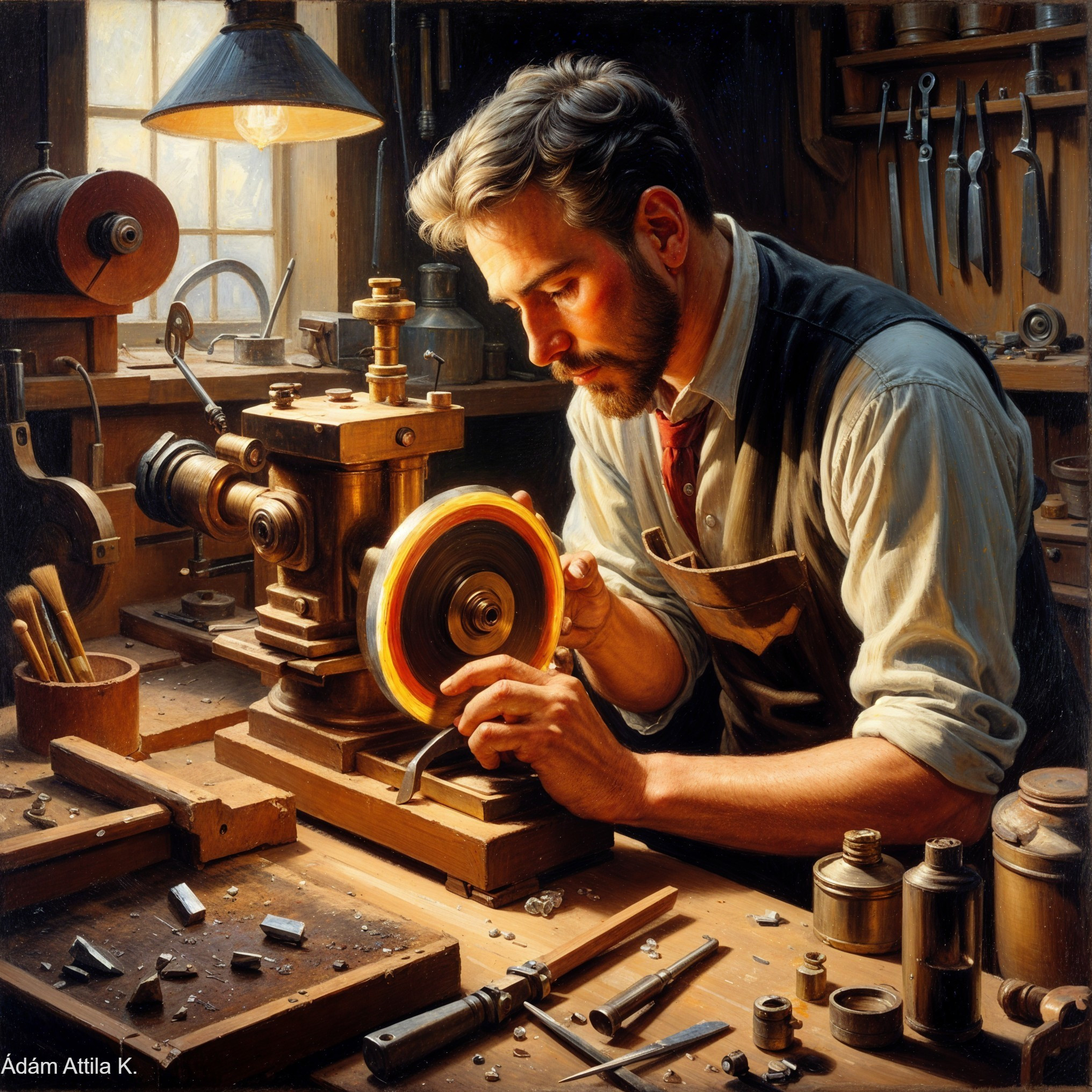 Craftsman Polishing Metal in Vintage Workshop Setting