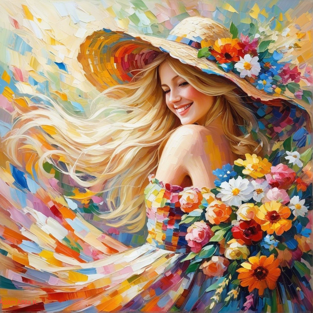 Colorful Painting of Joyful Woman with Floral Hat