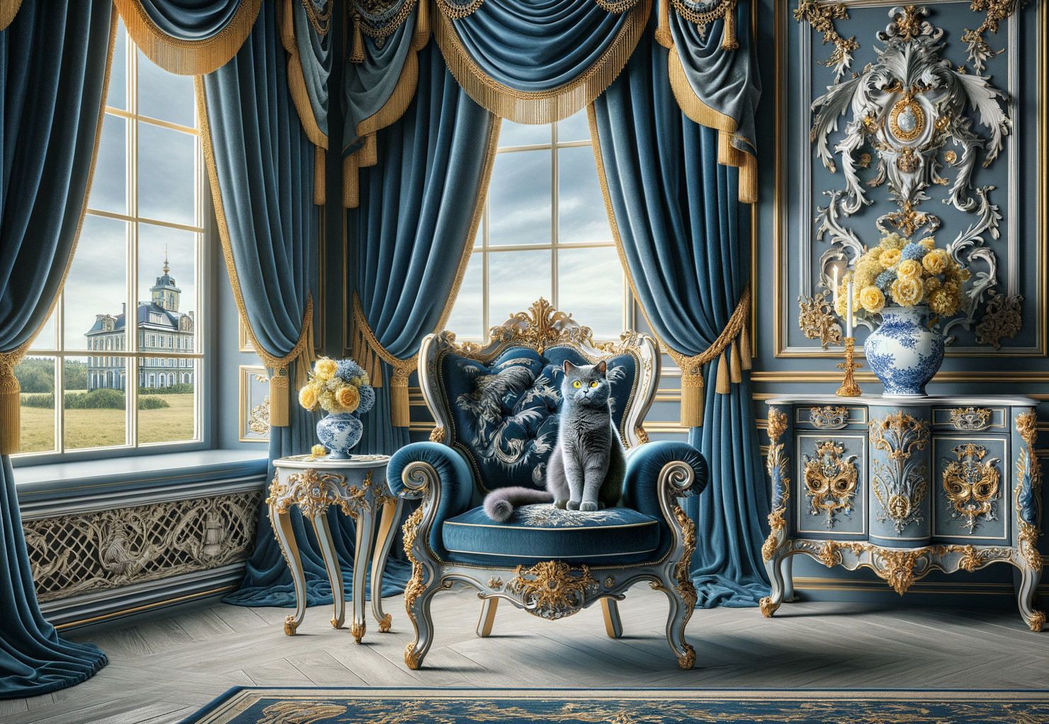 Lavishly Decorated Room with Blue and Gold Armchair