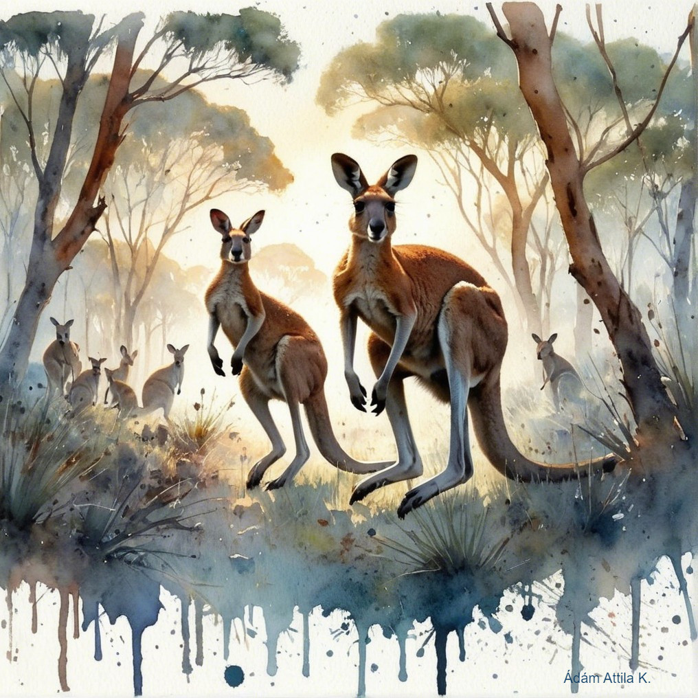 Watercolor Scene of Kangaroos in Australian Bush