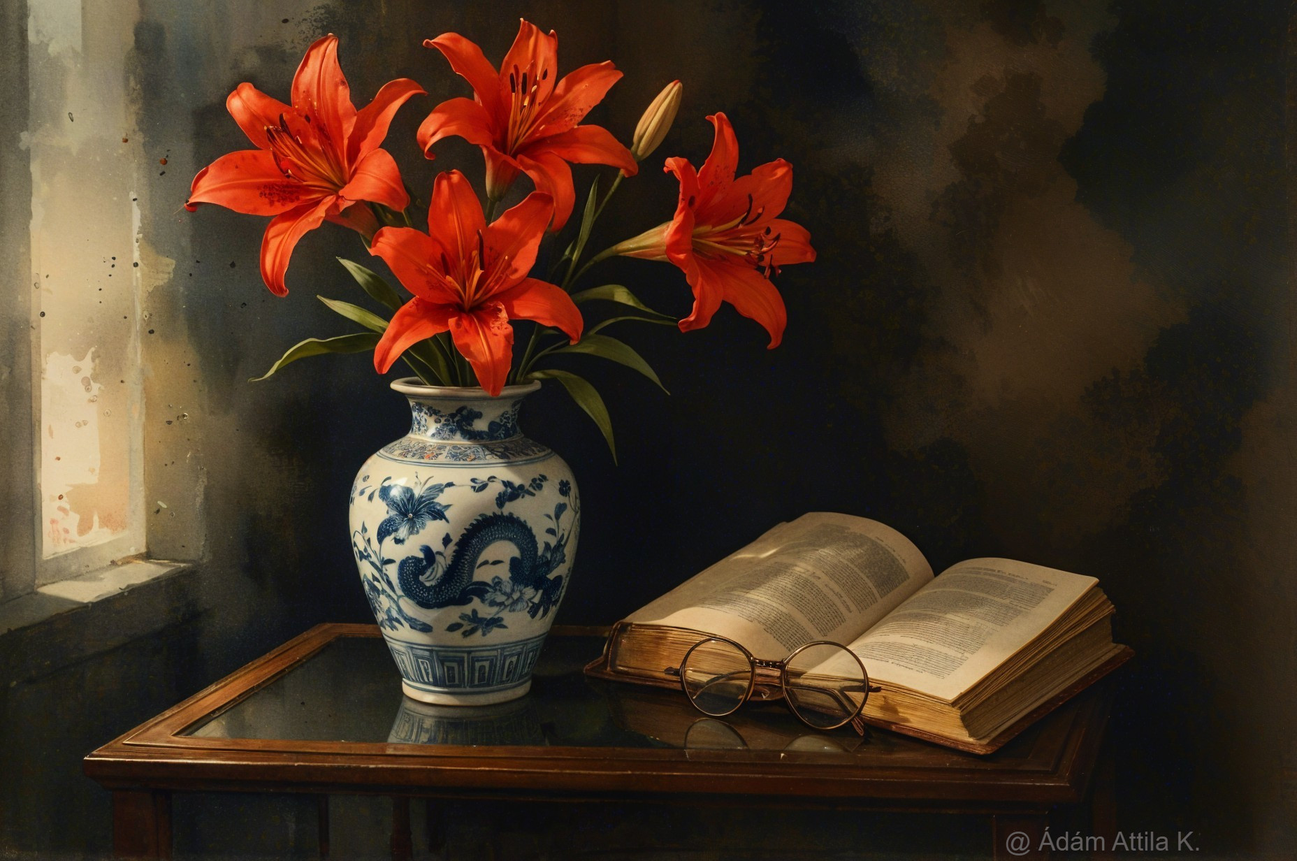 Delicate vase with orange lilies in softly lit room