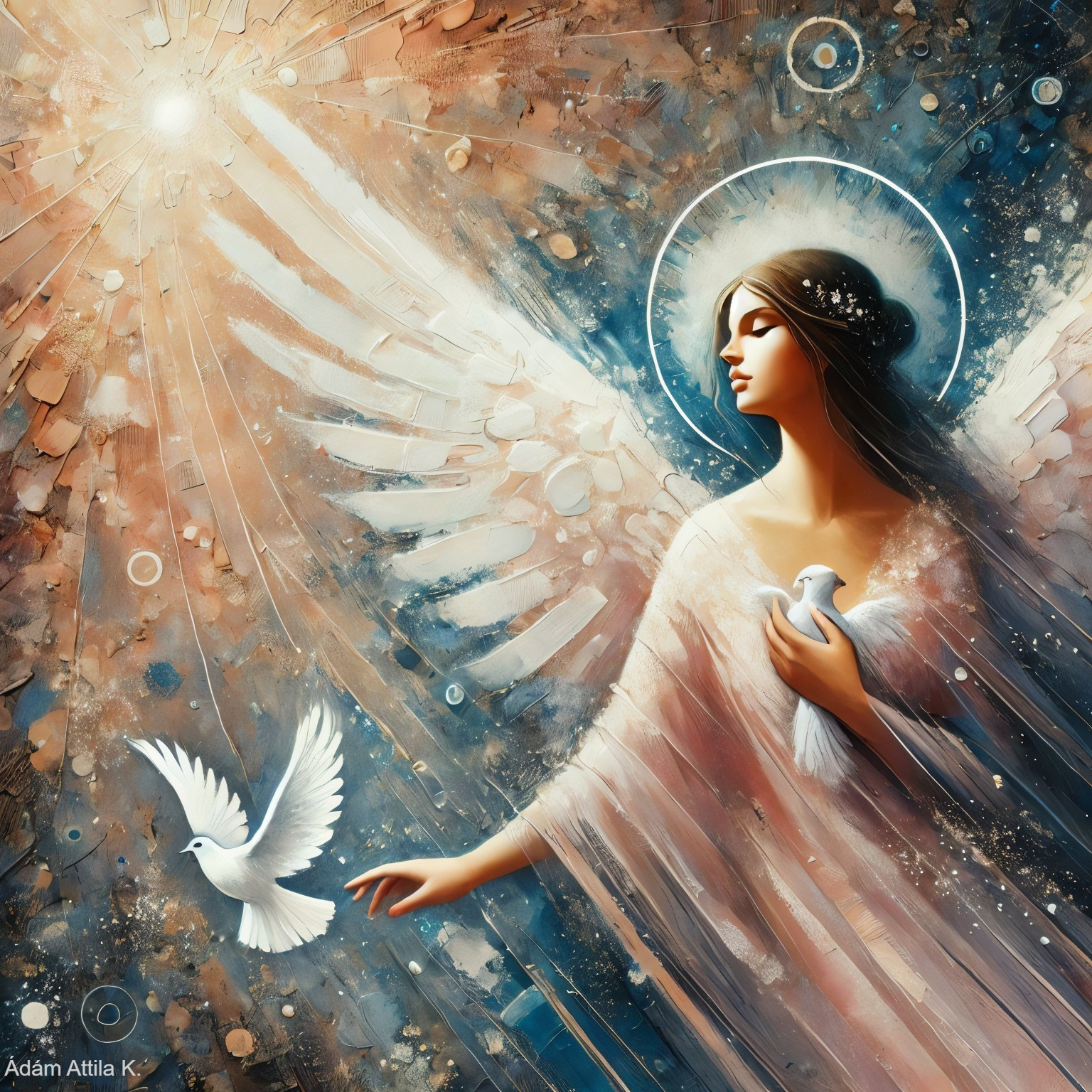 Angelic Figure with Doves in Serene Atmosphere