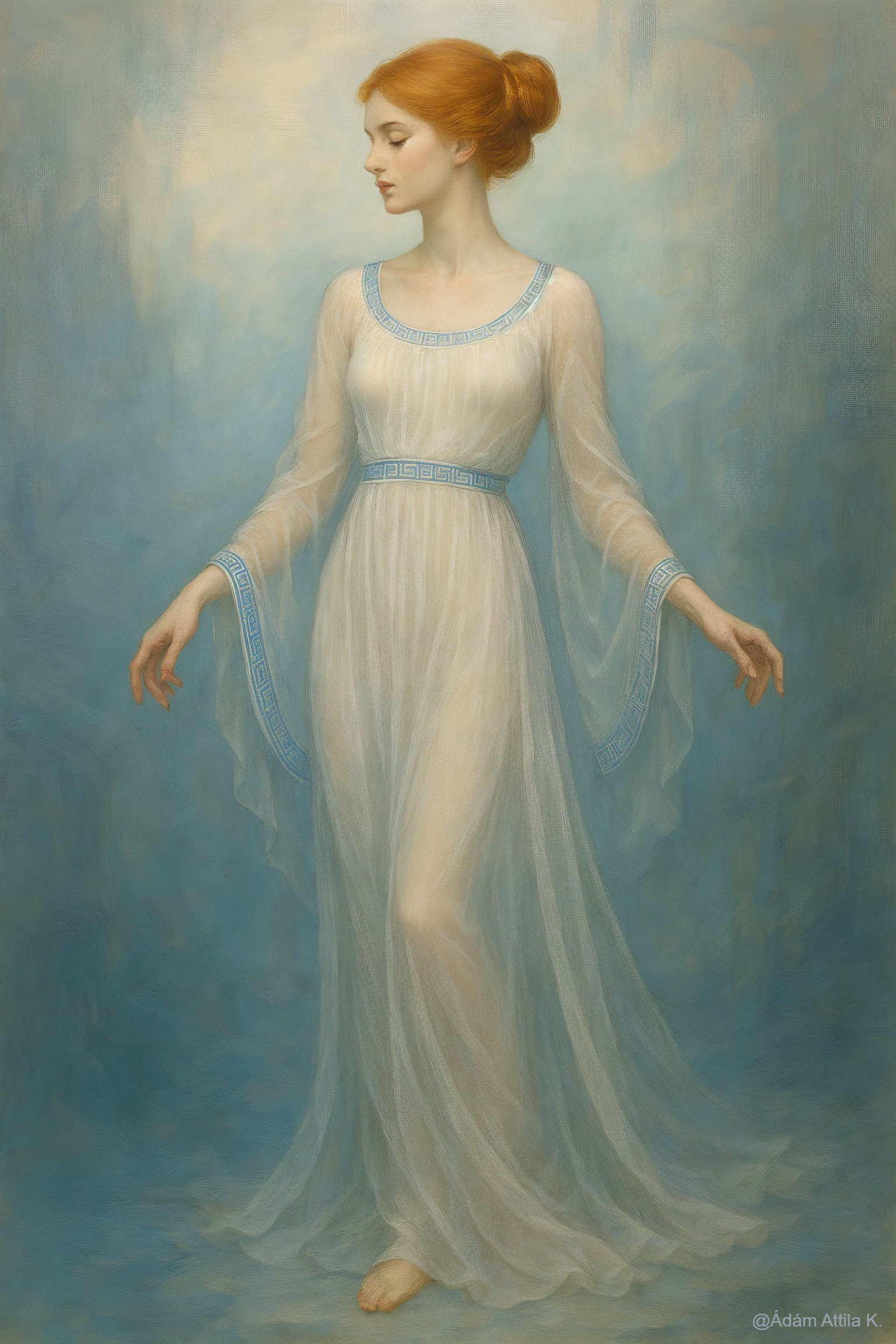 Graceful Woman in Translucent Gown with Ethereal Background