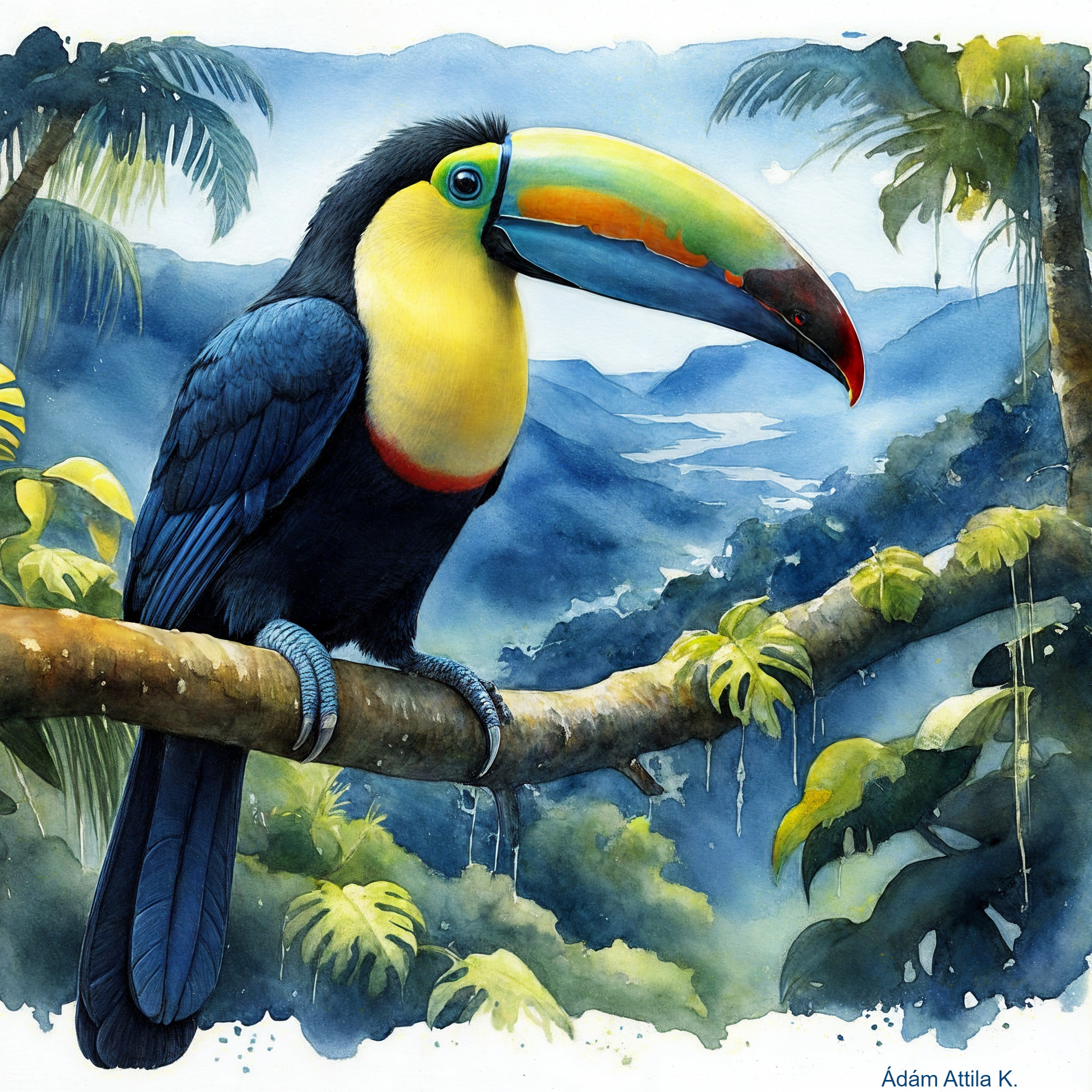 Toucan on a branch in a lush tropical rainforest