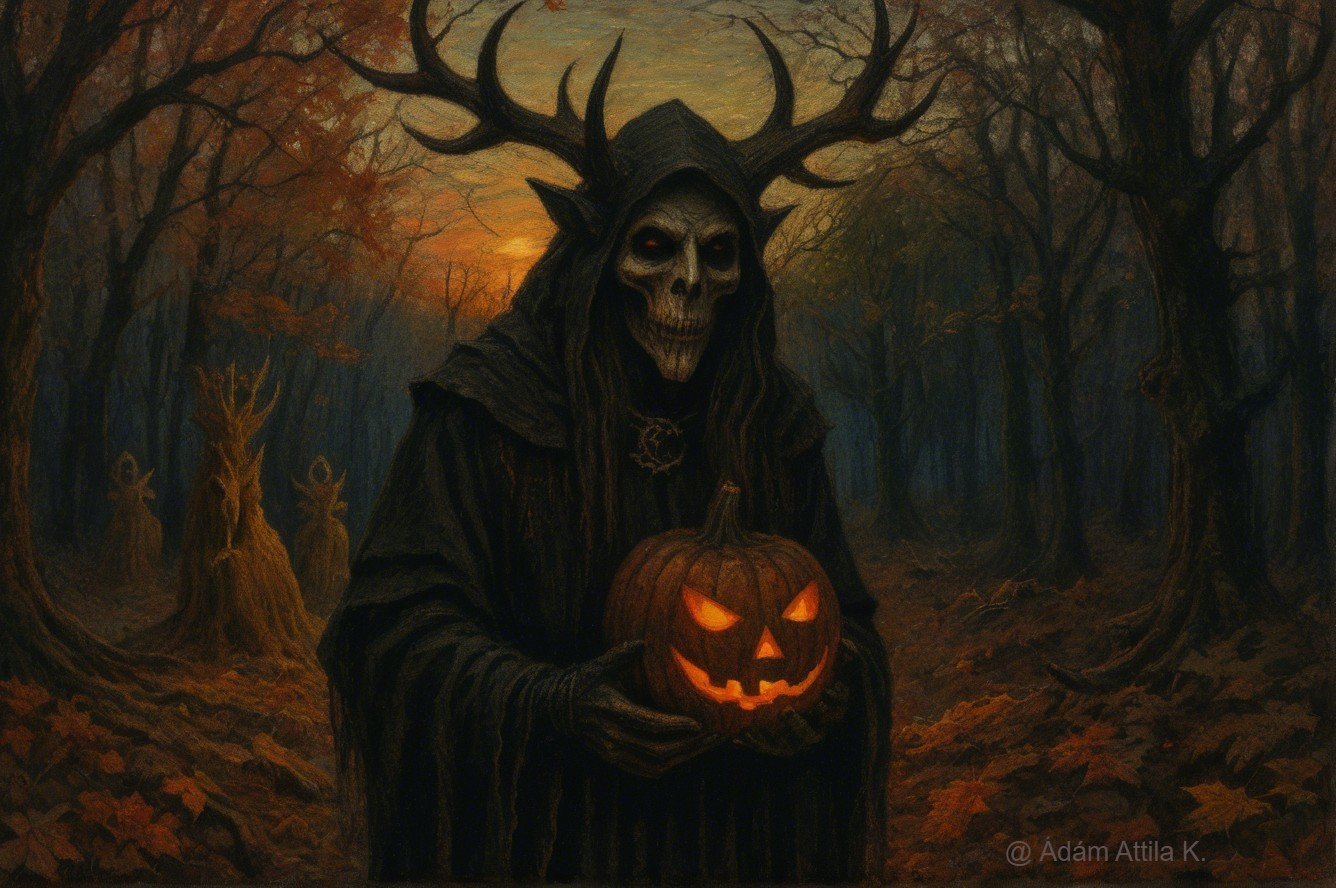 Skeletal Figure with Jack-O'-Lantern in Dark Forest