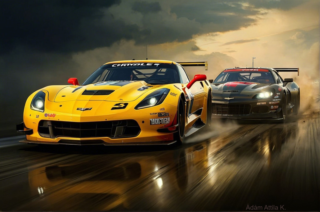 Racing Cars on Wet Track with Dramatic Backdrop