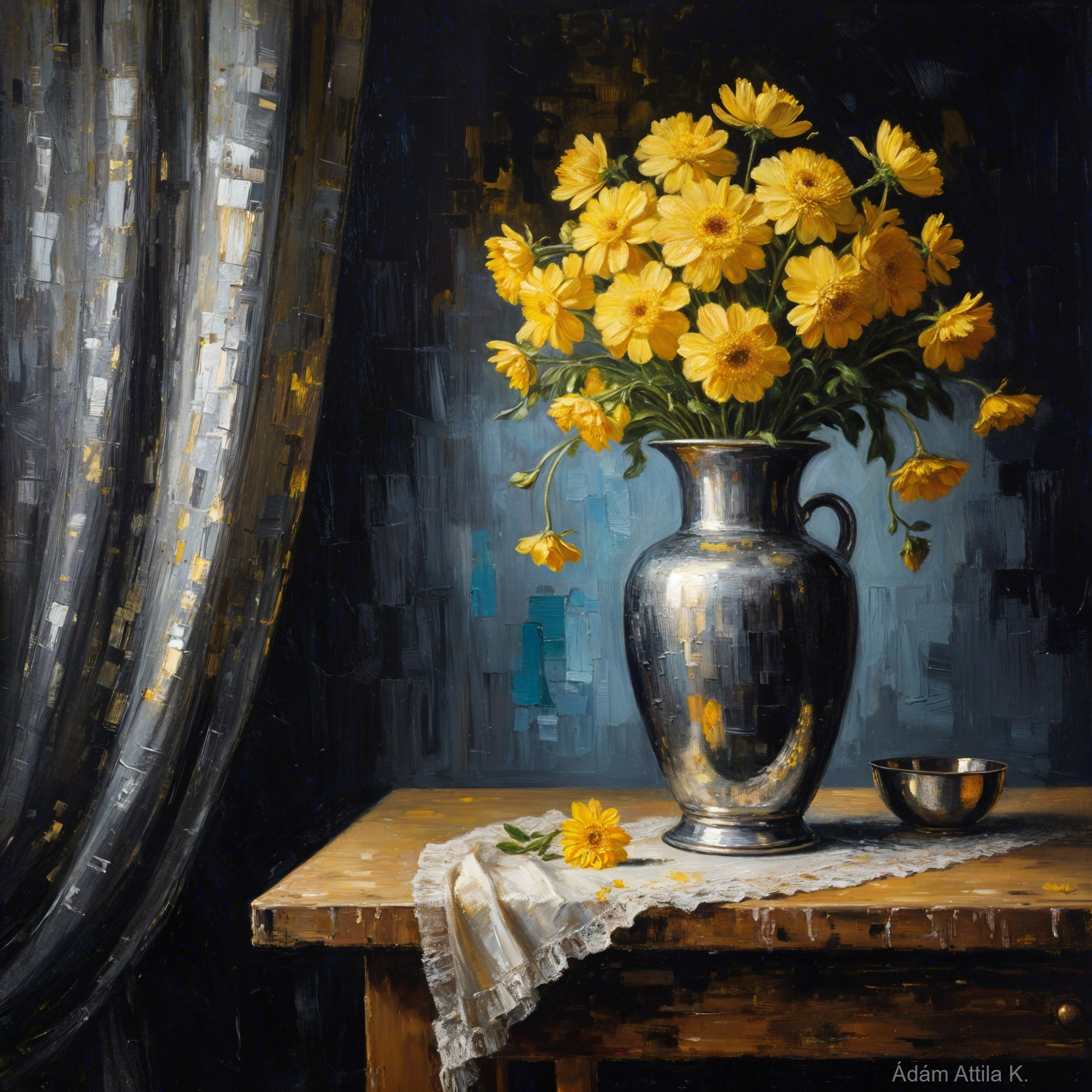 Still Life with Yellow Flowers in Silver Vase