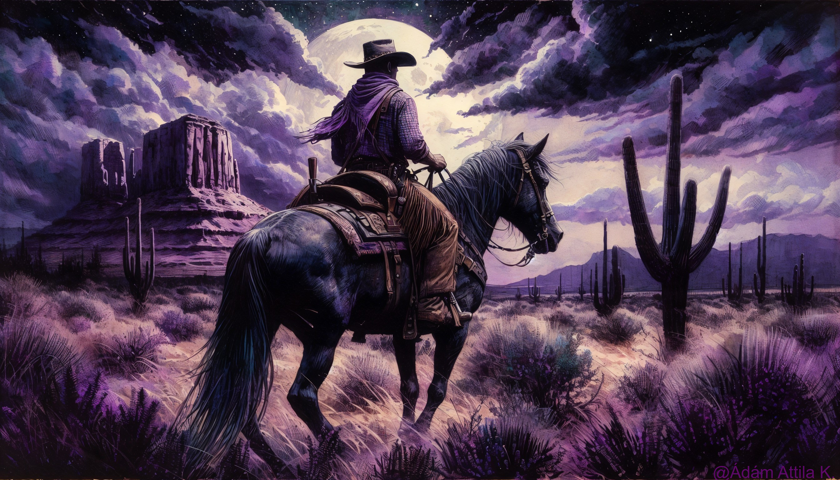 Cowboy on Horse in Moonlit Desert Landscape