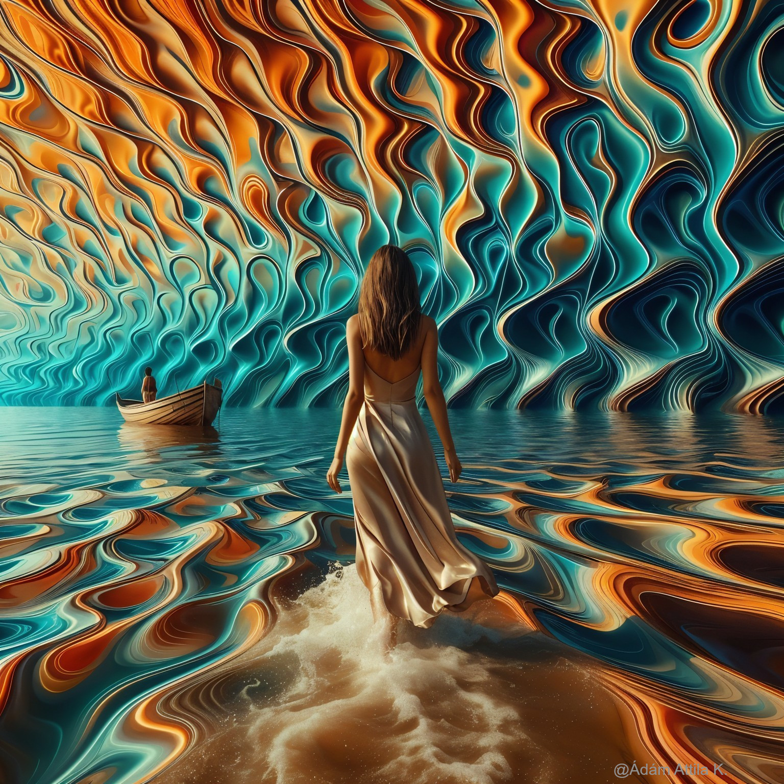 Woman in Silver Dress Walking Through Shallow Water