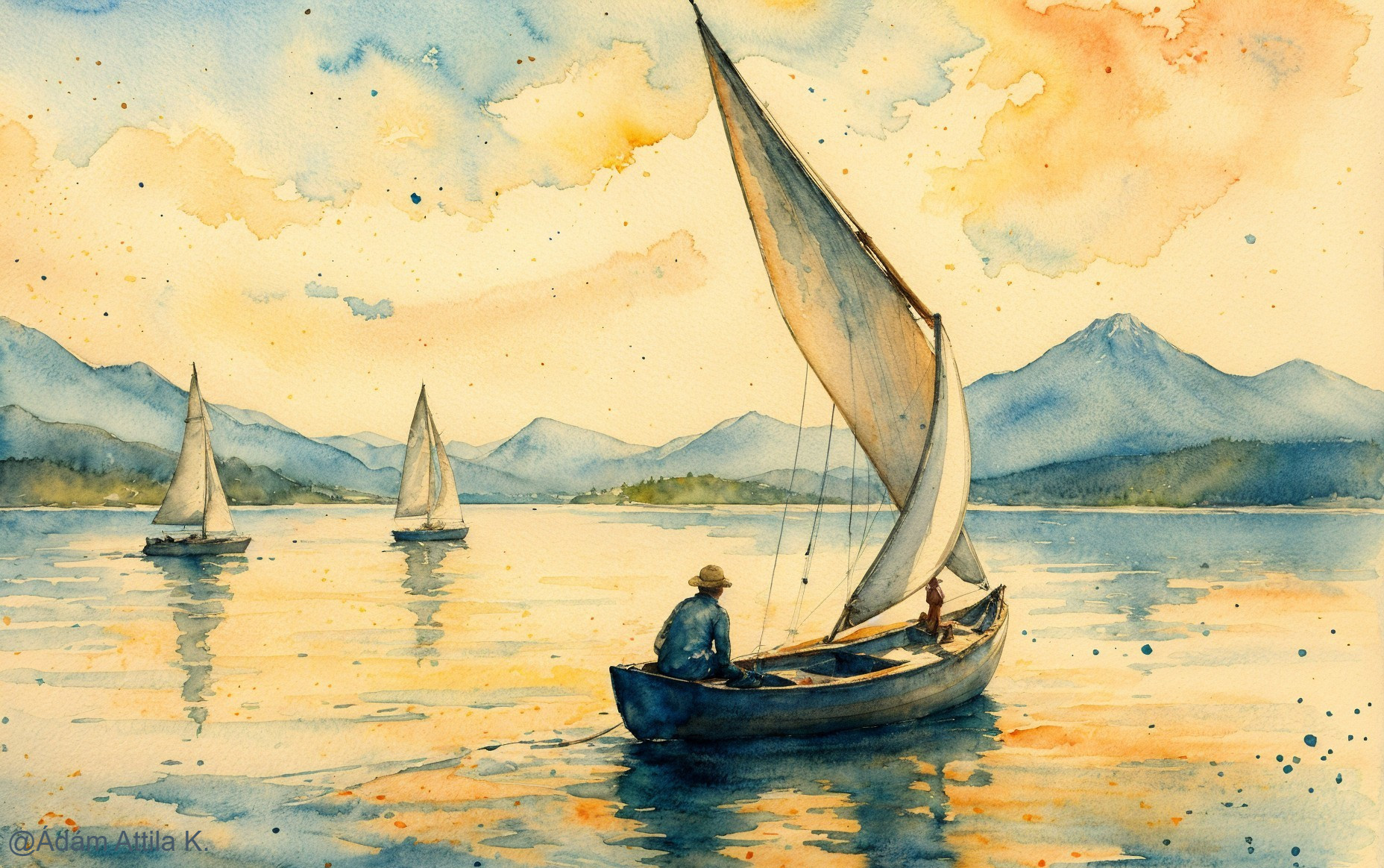 Watercolor Painting of Sailor on Tranquil Lake