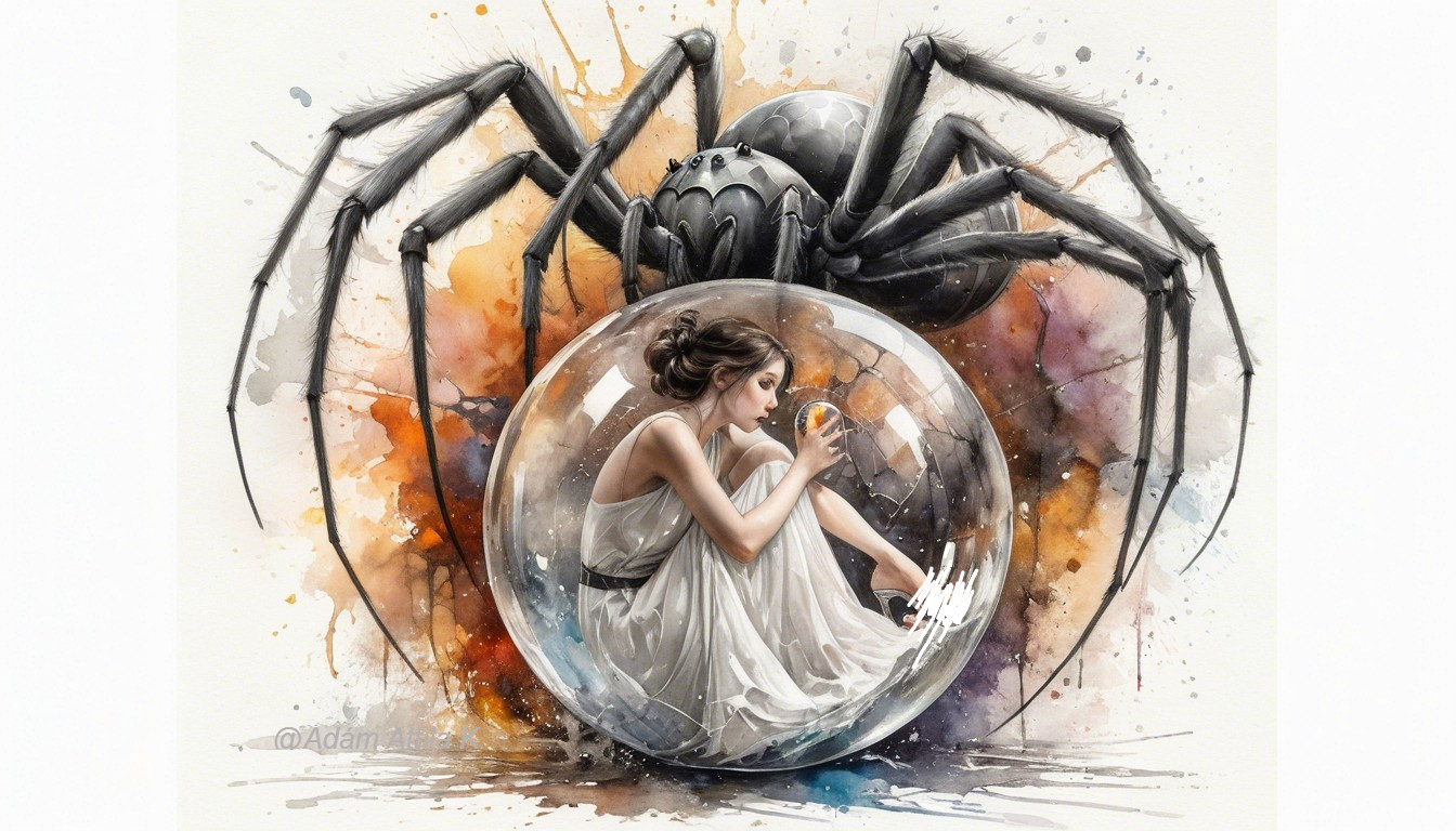 Young Woman in White Dress Inside Glass Sphere Illustration