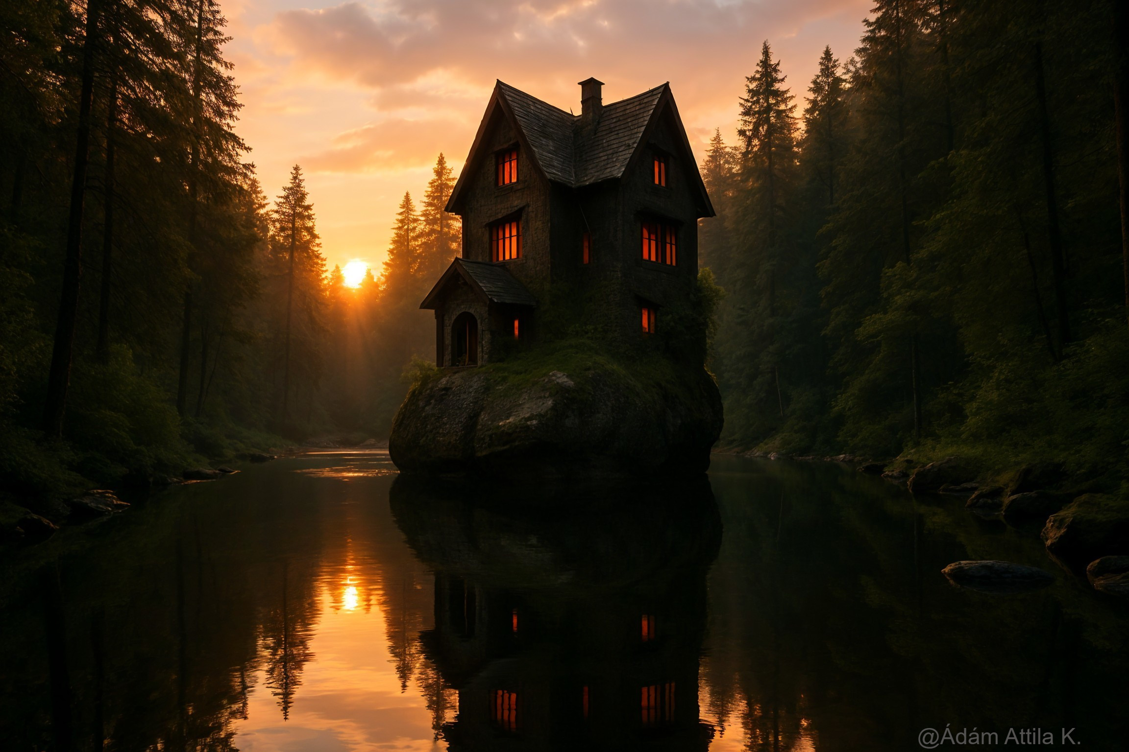 Mysterious House by Serene Lake at Twilight