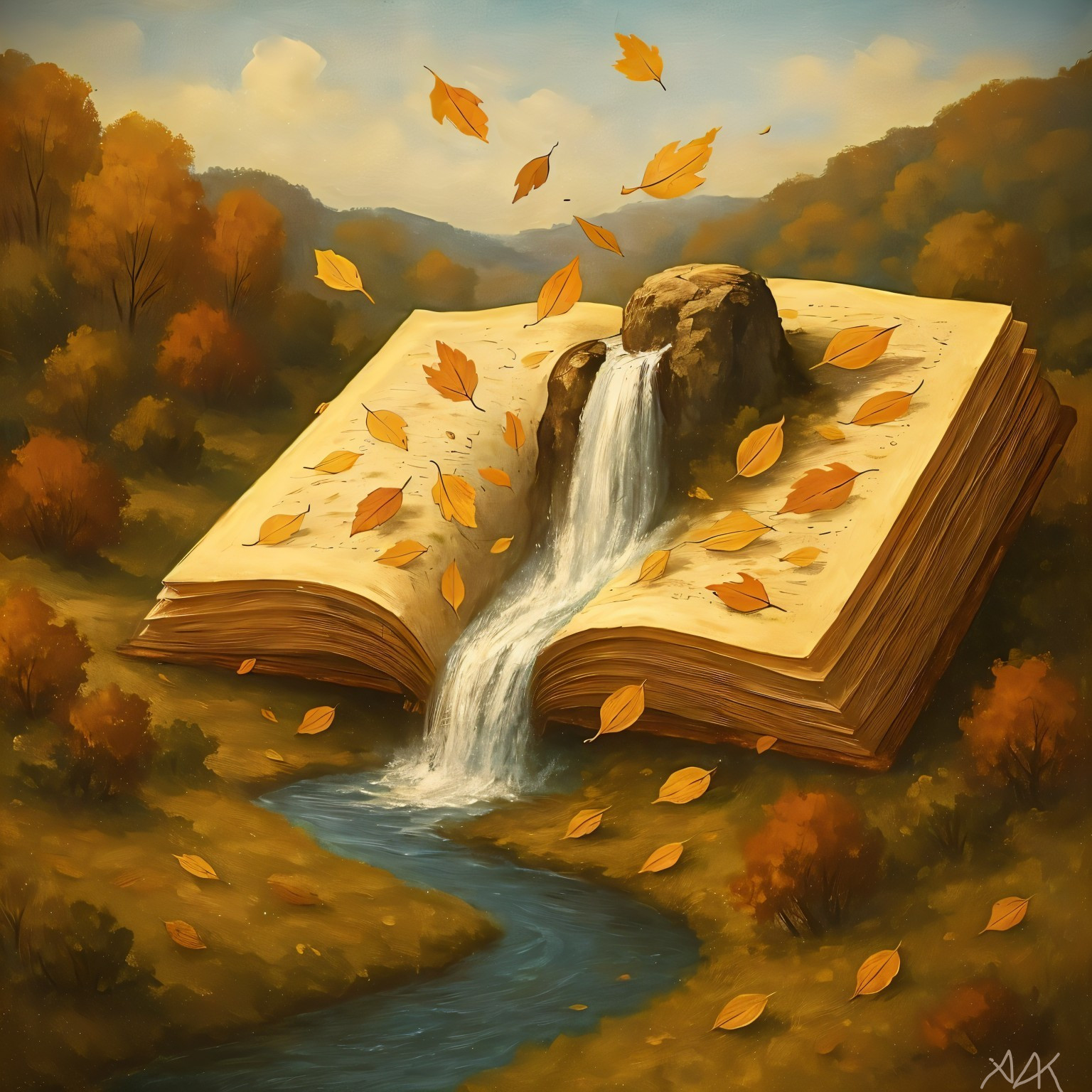 Open Book in Serene Autumn Landscape with Waterfall