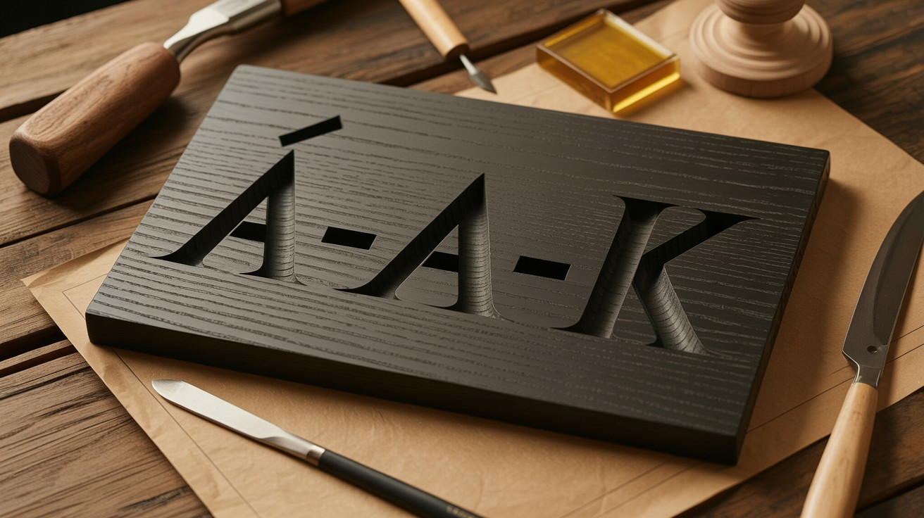 Black Wooden Plaque with Carved Letters and Tools