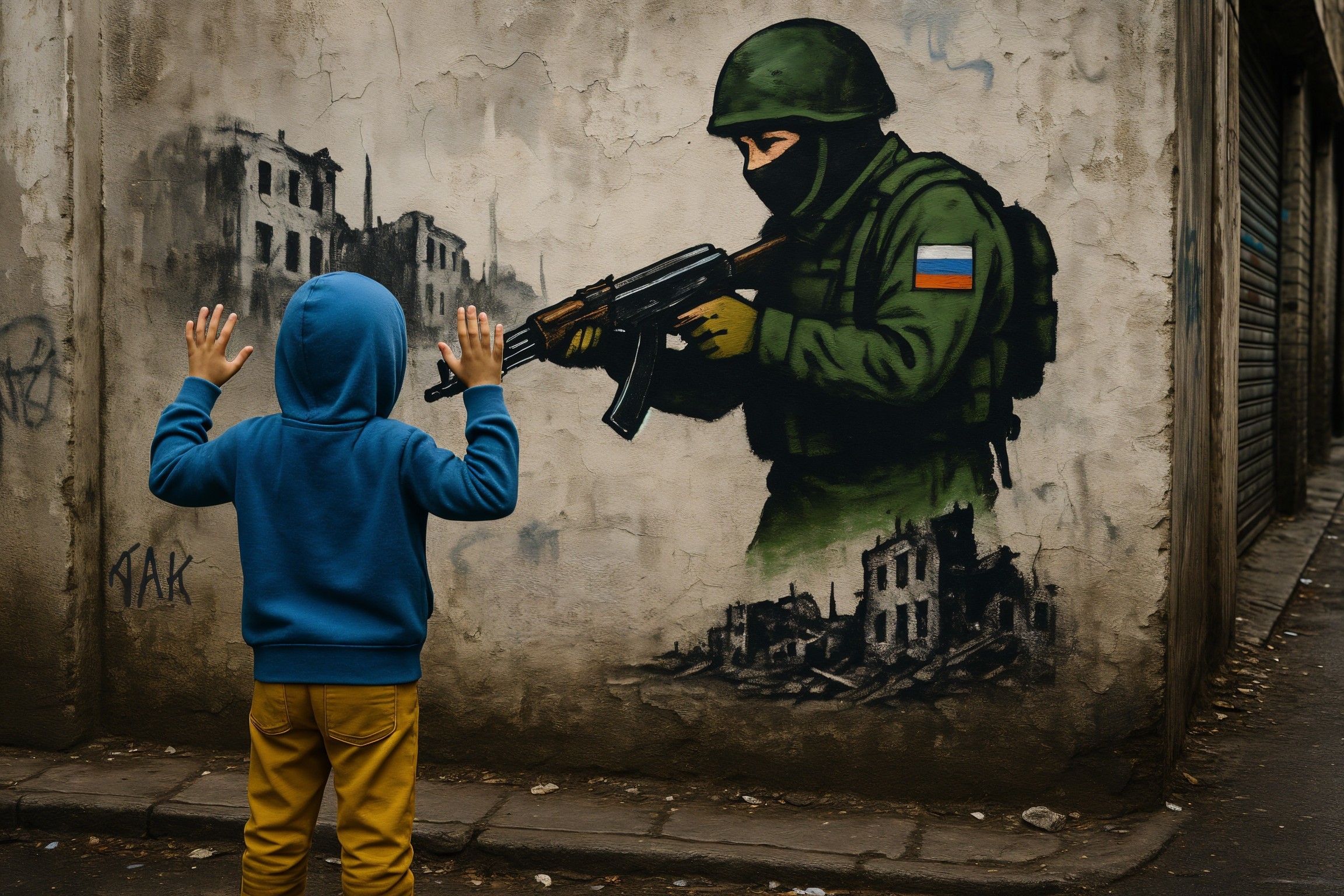 Young Boy in Hoodie with Military Mural Background