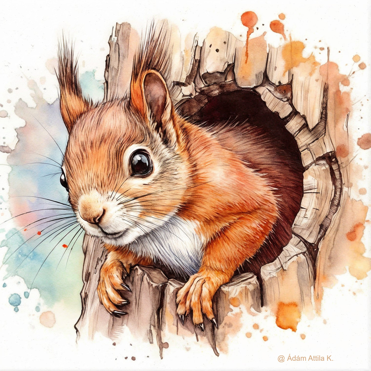 Illustration of a squirrel in a tree hollow