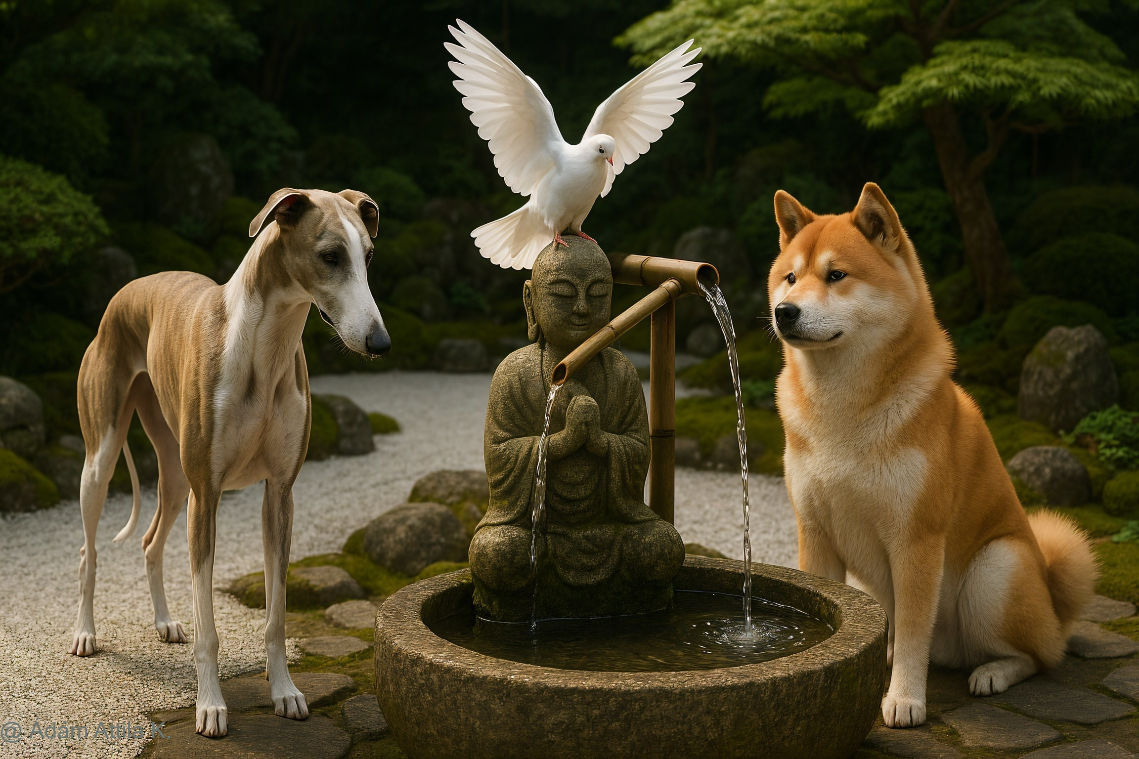 Dogs by a Buddha fountain in a serene garden
