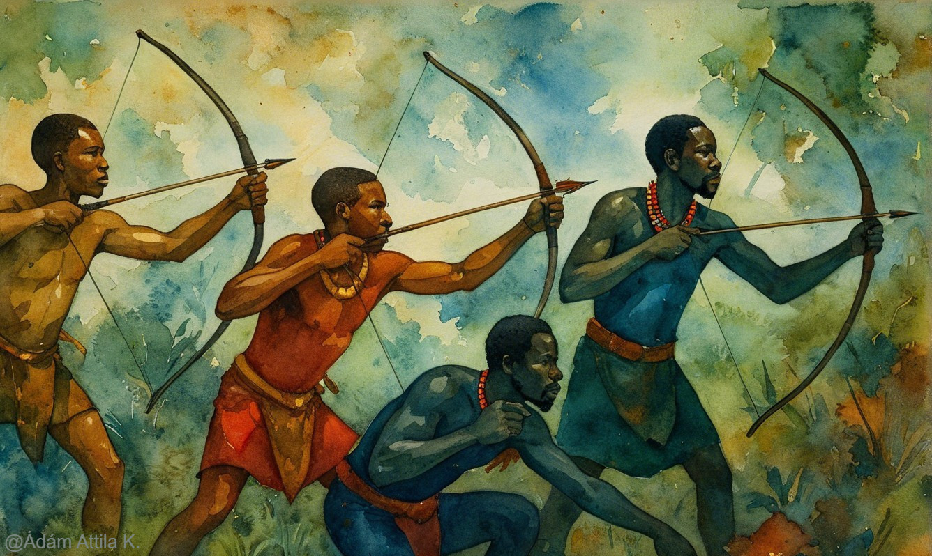 Watercolor Artwork of Archers in Traditional Attire