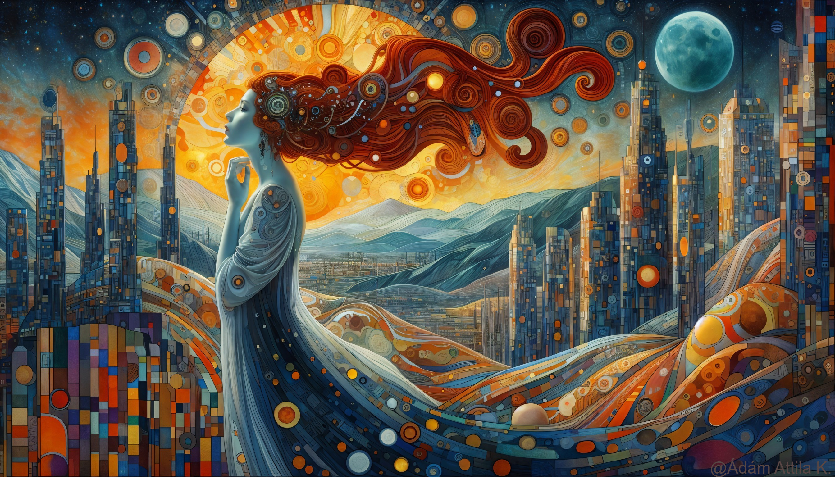Red-haired woman in front of the metropolis