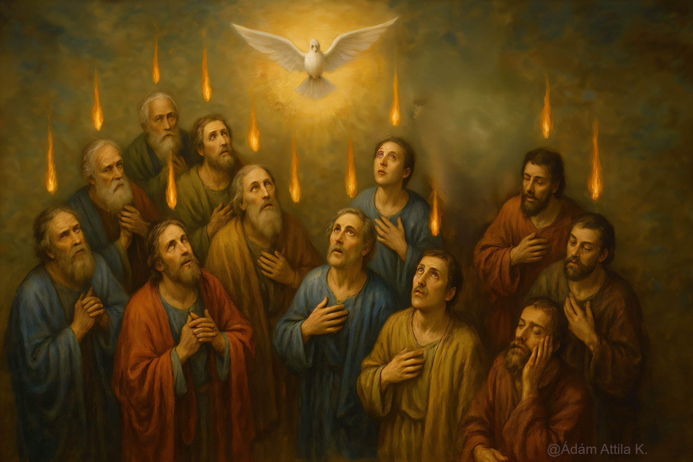 Spiritual Scene with Men Gazing at Holy Spirit Dove