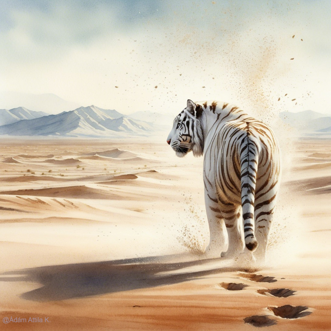 White tiger in desert landscape with distant mountains